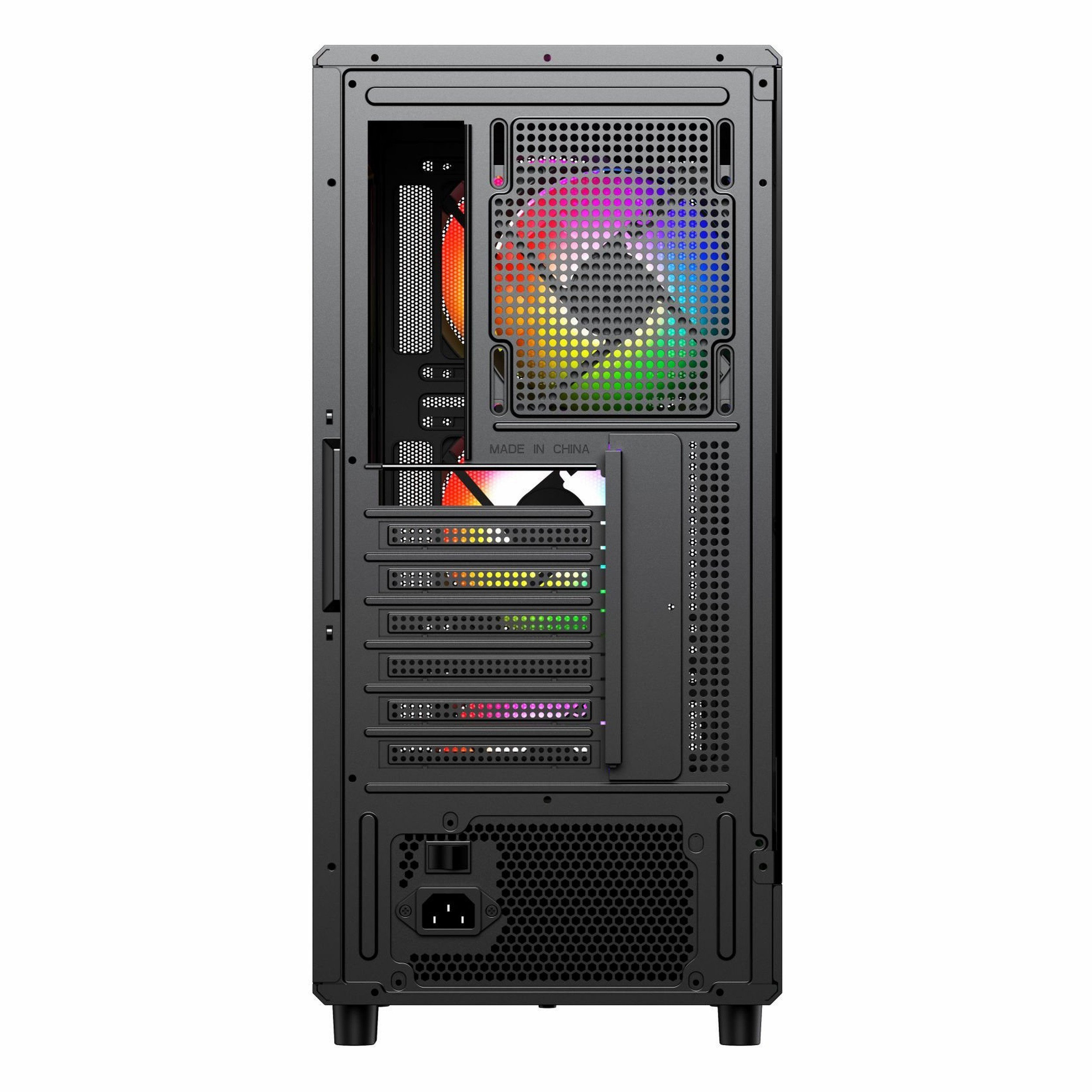 Renkli yanan fanları, genişleme yuvaları ve altta güç kaynağı olan siyah bir PC kasasının arka görünümü.