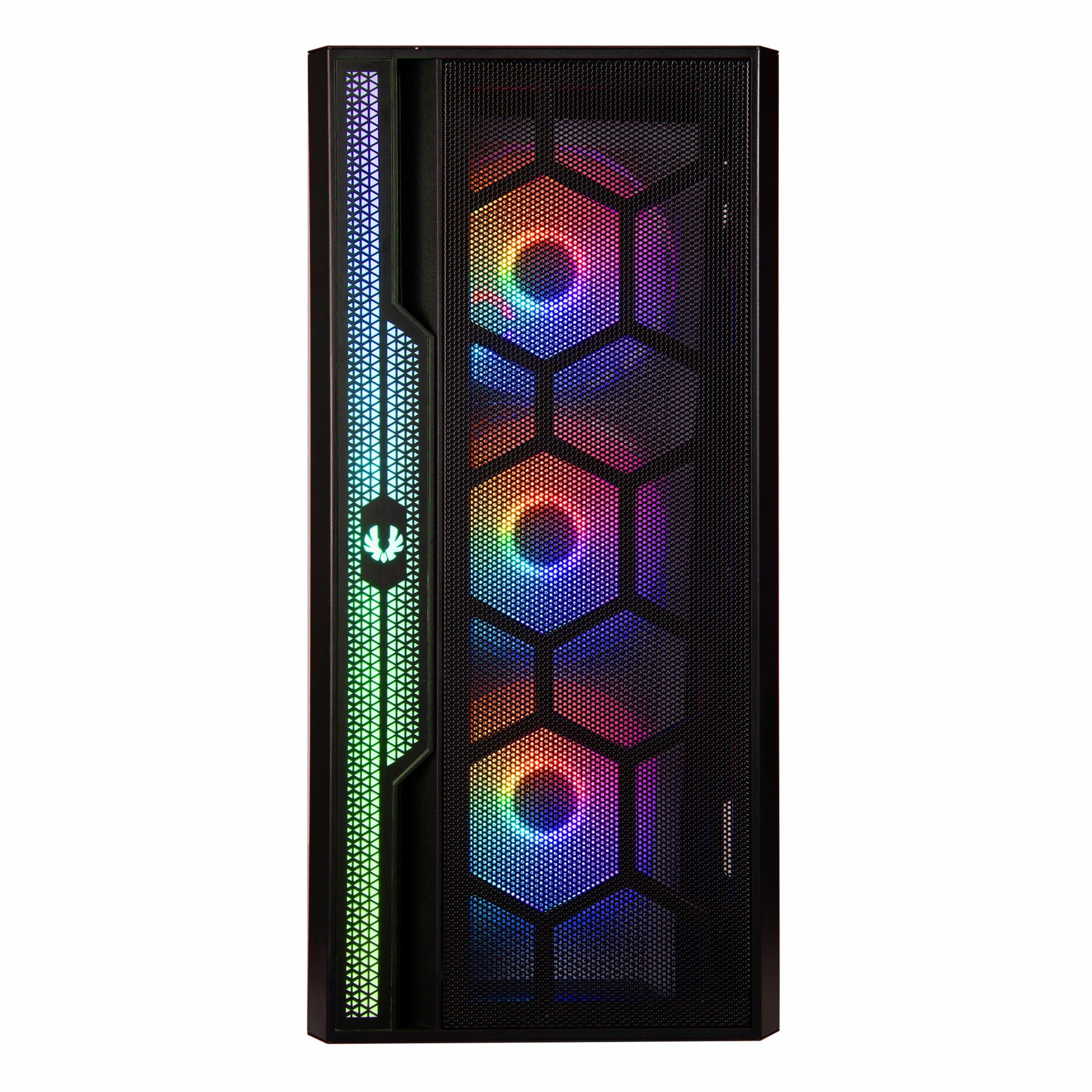Önü ızgaralı, üç RGB fanlı ve dikey ışık şeritli siyah bilgisayar kasası.