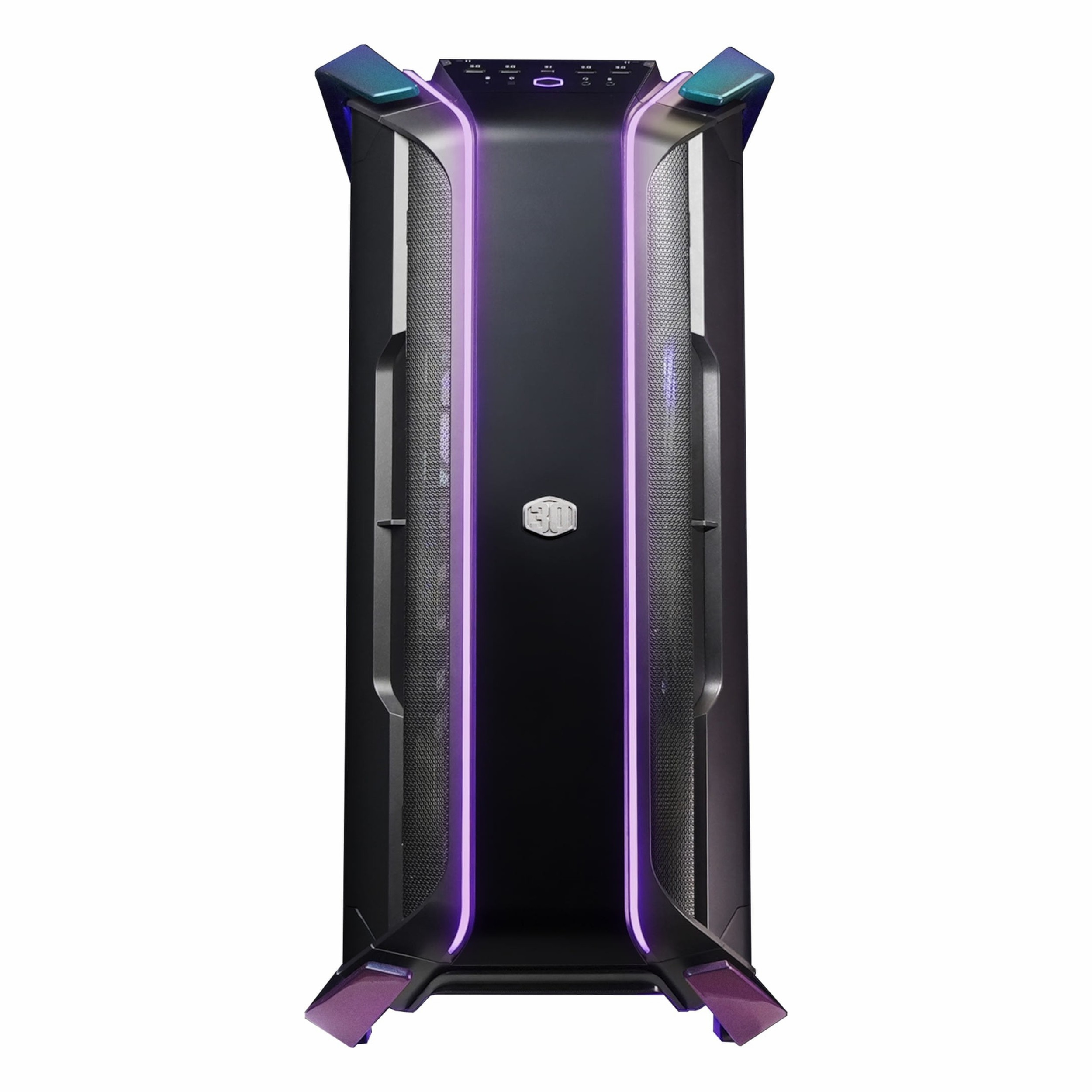 Beyaz arka planda mor LED aydınlatmalı ve gümüş logolu siyah bir PC kasası.