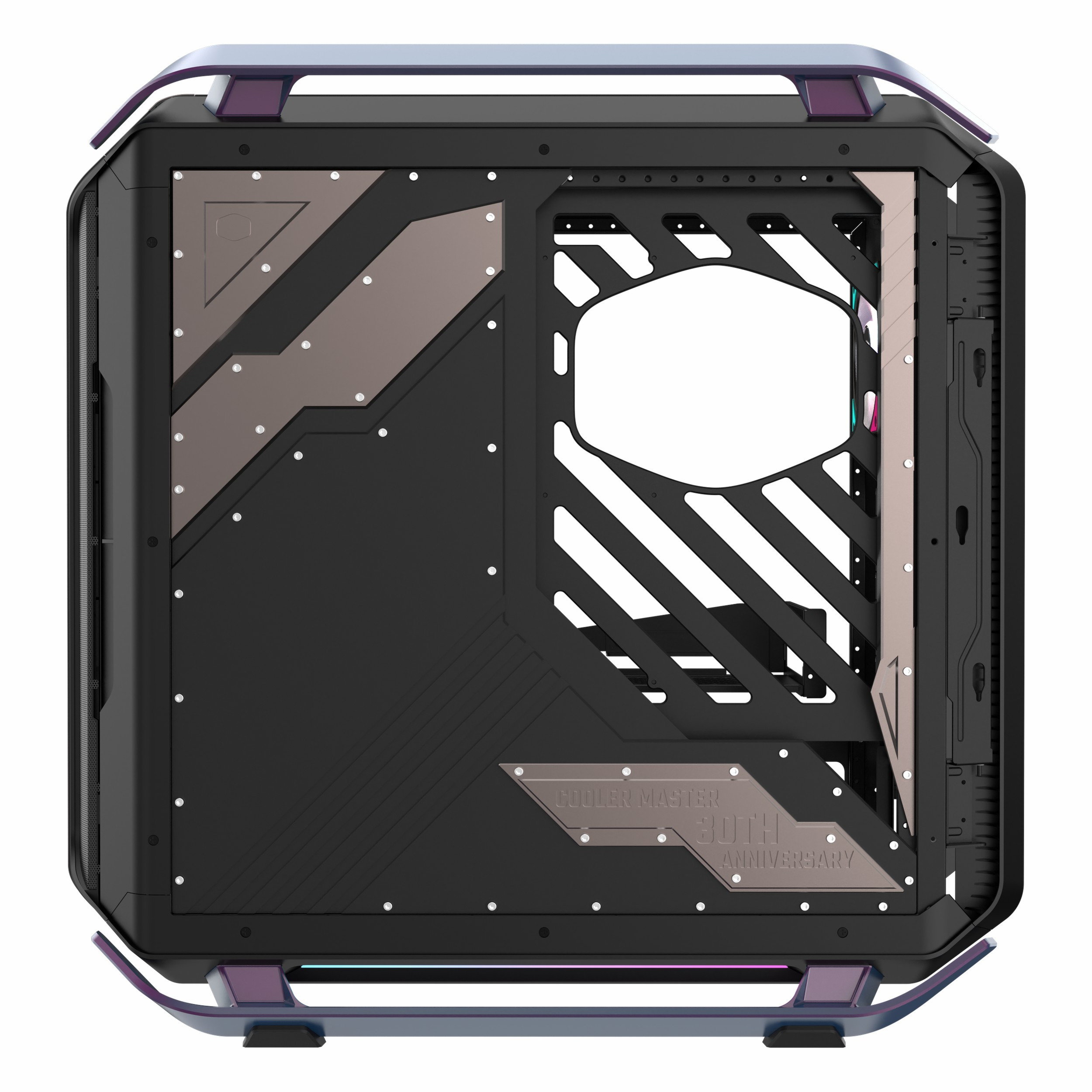 Çapraz destekli ve kavisli kollu, siyah ve bronz renkli Cooler Master PC kasasının önden görünümü.