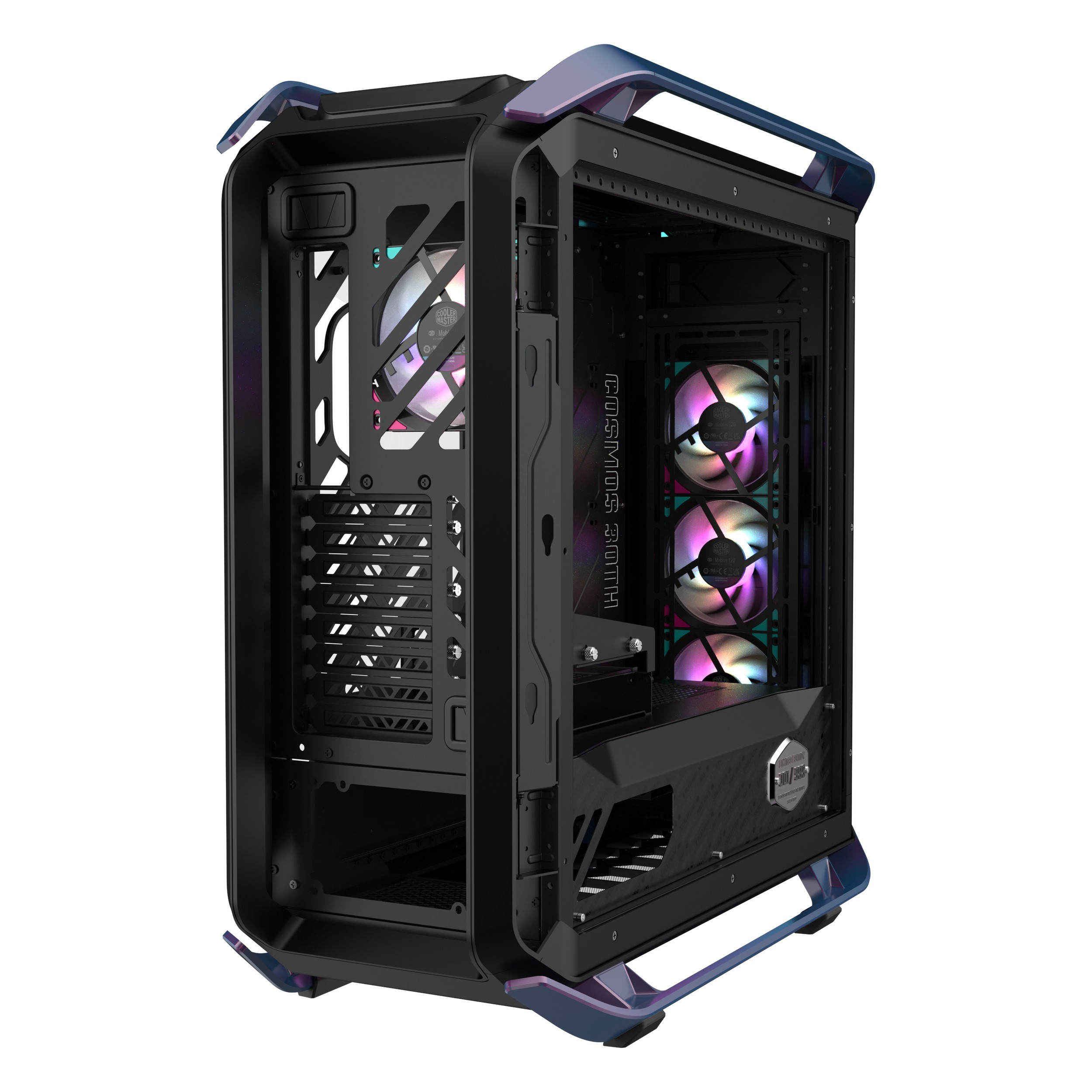 Beyaz arkaplanda renkli RGB fanlara ve kulplarda mavi detaylara sahip siyah PC kasası.