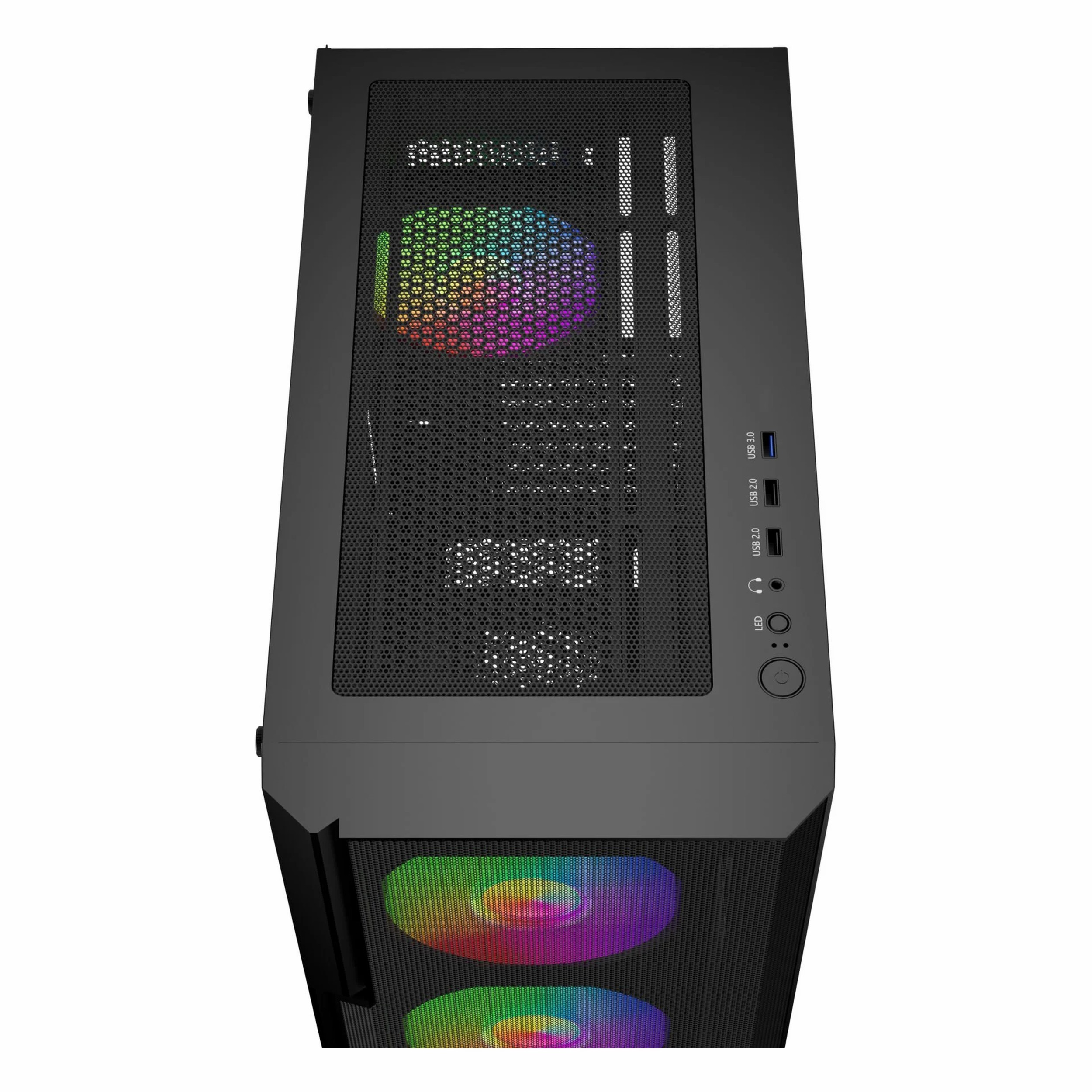 Beyaz arka planda RGB fanlara, fileli üst panele ve ön bağlantı noktalarına sahip siyah bilgisayar kasasının üstten görünümü.