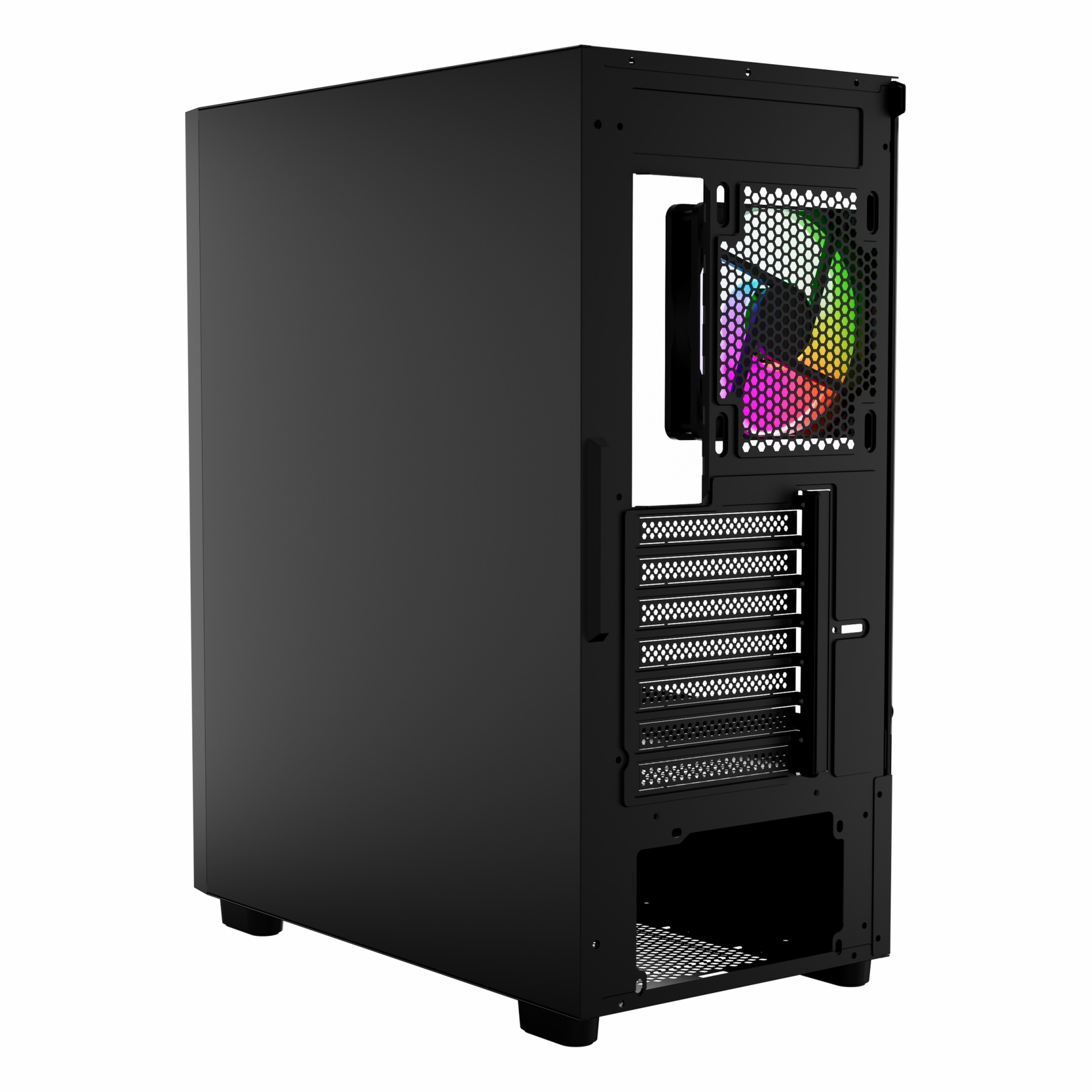 Arka paneli gösteren açılı siyah bir bilgisayar kasası, renkli RGB fan ve genişleme yuvaları içeriyor.