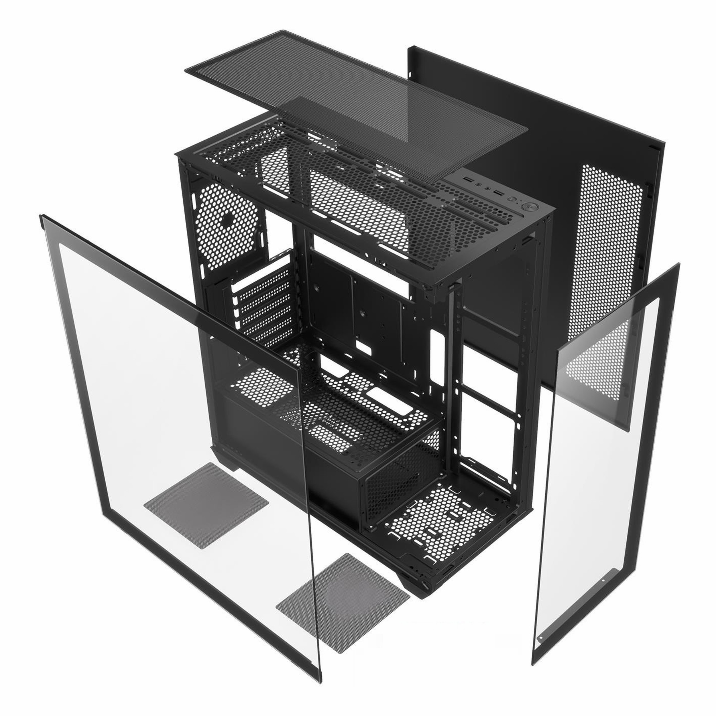 Cam yan panellere ve örgü filtrelere sahip siyah bir PC kasasının patlatılmış görünümü.