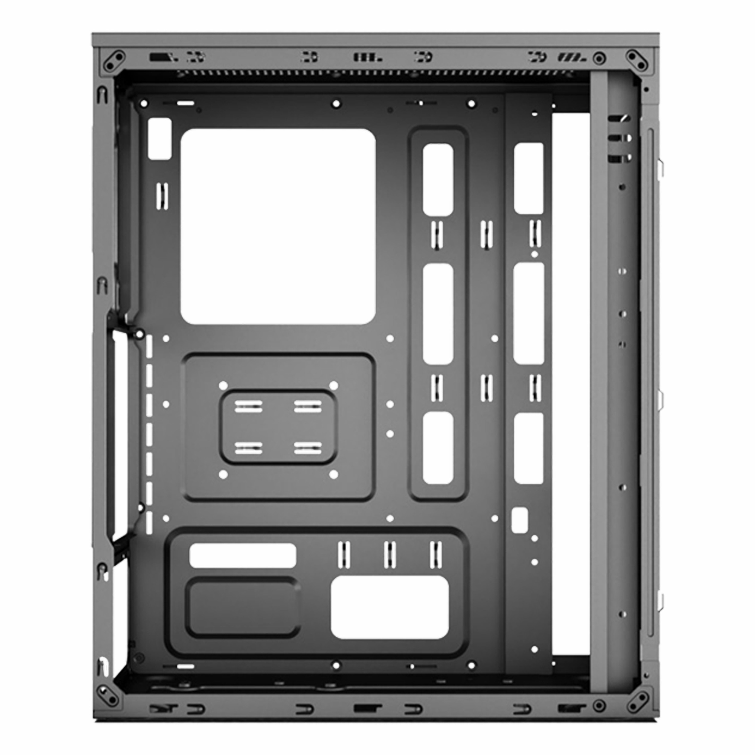 Kablo ve fanlar için açıklıklara sahip boş gri bir PC kasasının içi.