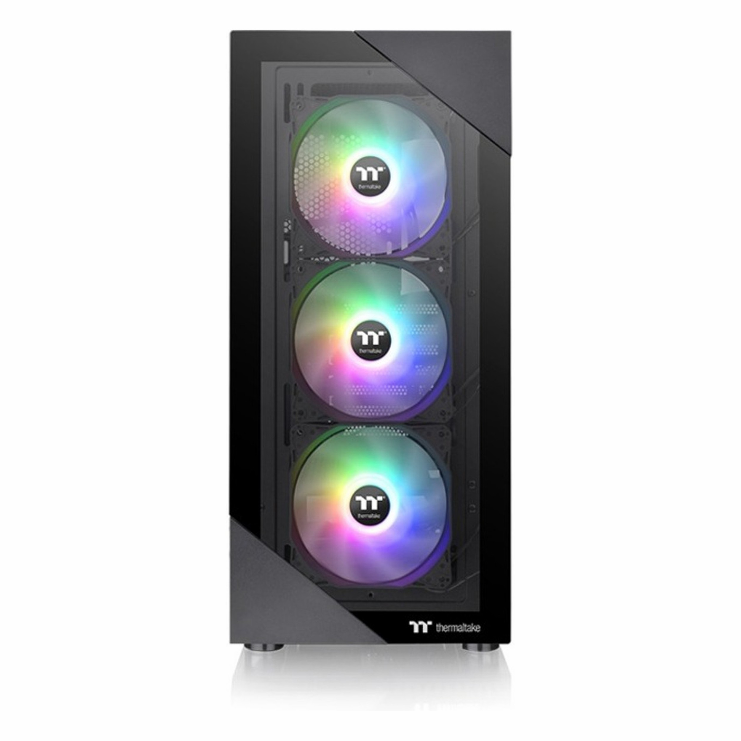 Ön tarafta aydınlatmalı üç RGB fana sahip siyah Thermaltake PC kasası.