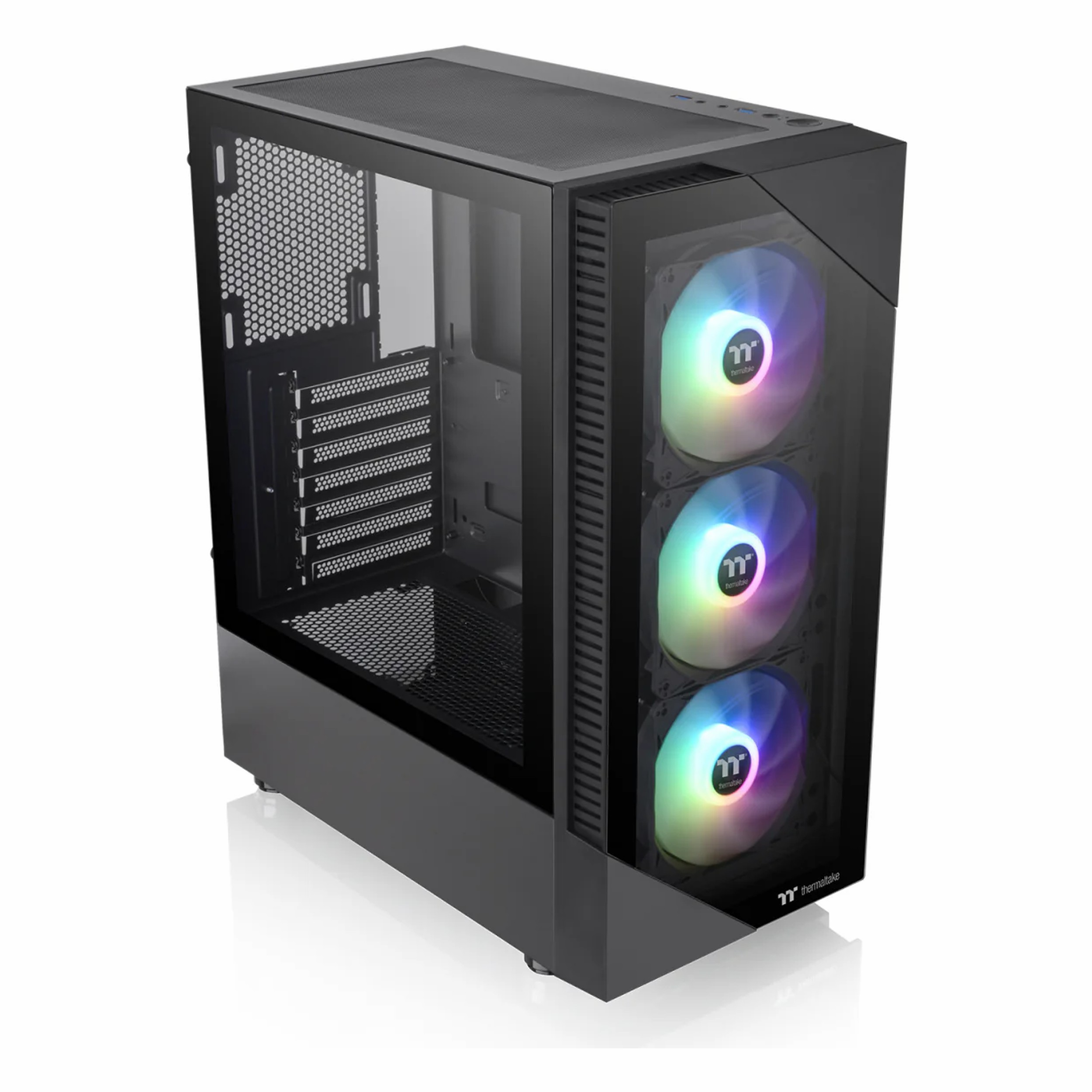 Cam yan panel ve önde üç renkli RGB fanlı siyah bilgisayar kasası.