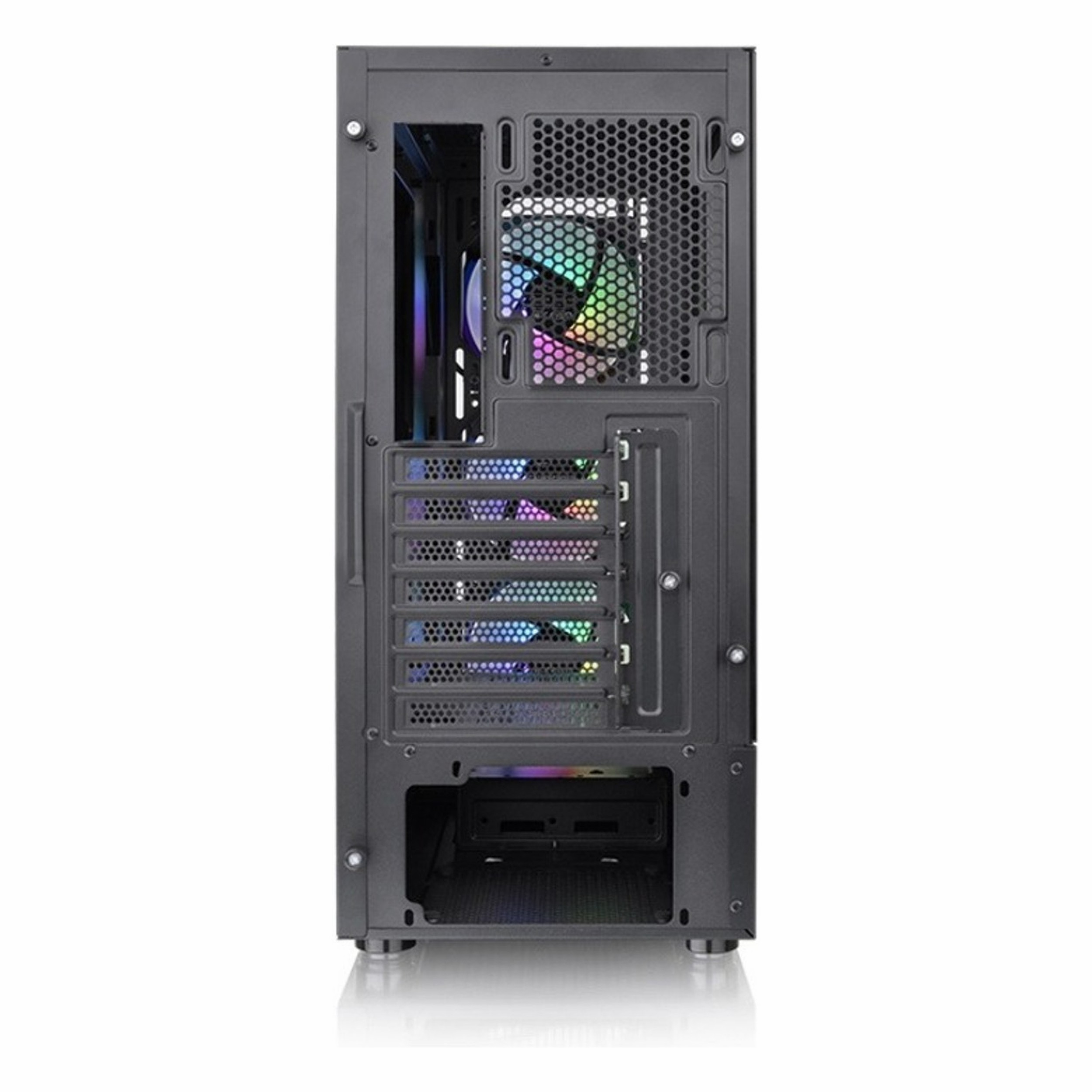 Genişleme yuvaları, havalandırma delikleri ve RGB fanı olan siyah bir bilgisayar kasasının arkası.