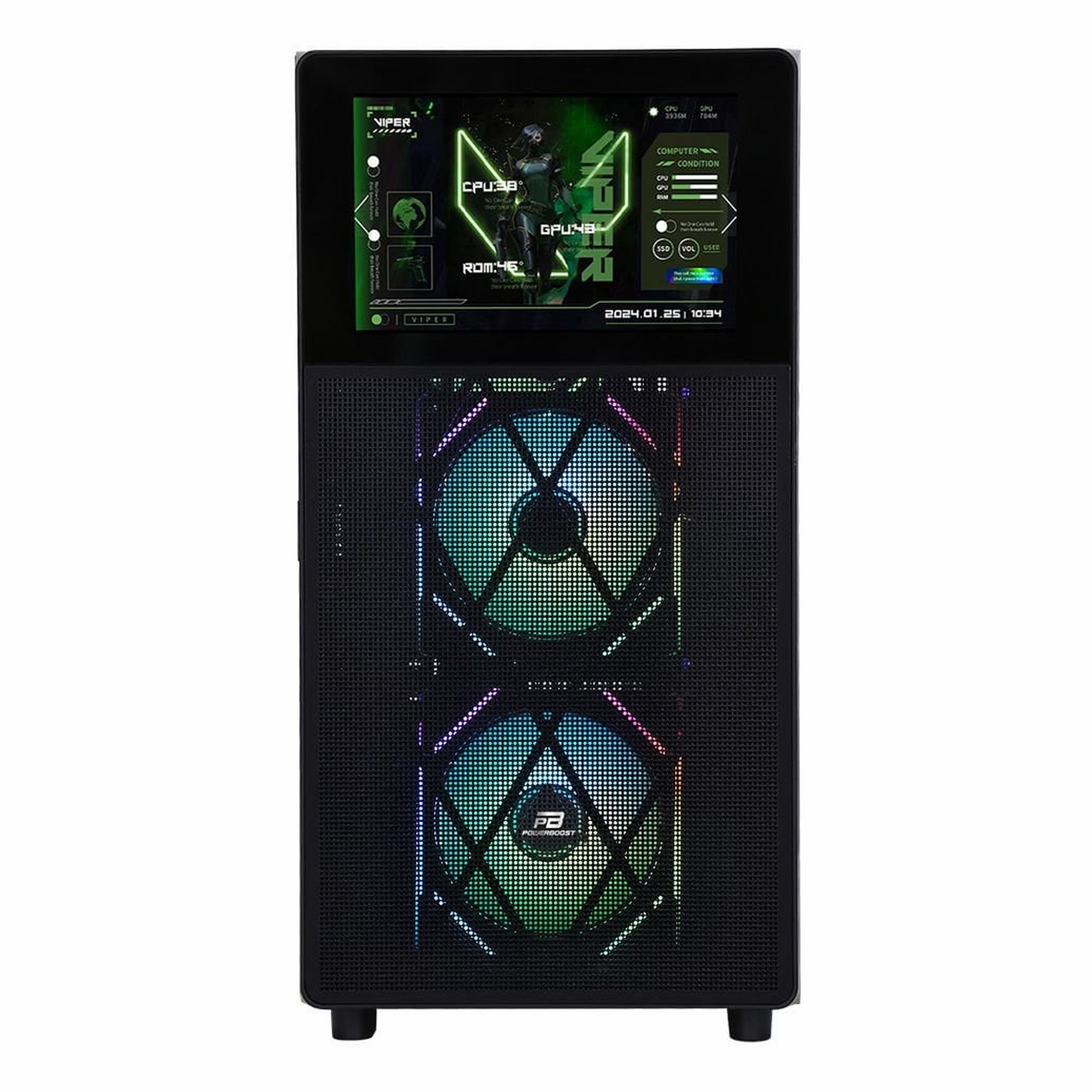 İki RGB fanlı ve sistem istatistiklerini gösteren üst ekranlı siyah oyuncu PC kasası.