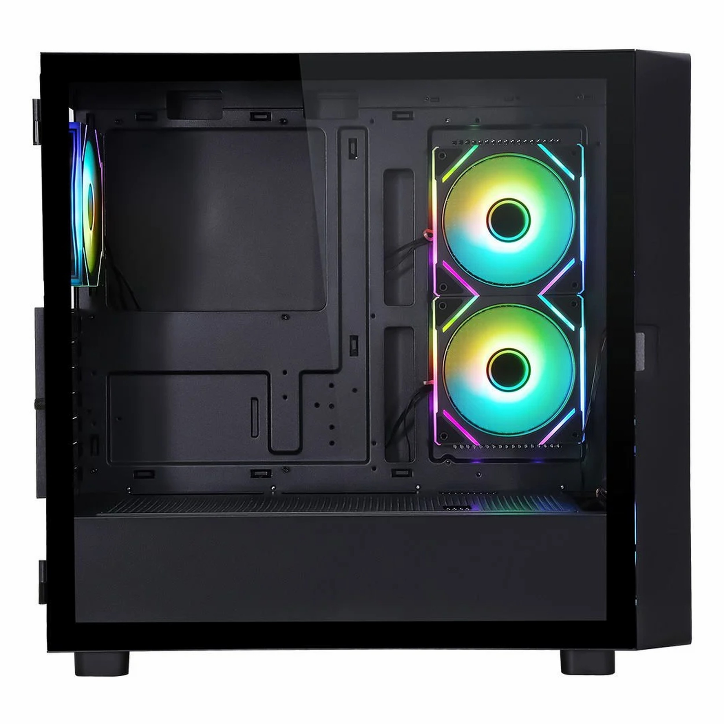 Cam yan panelli ve üç renkli RGB fanlı siyah bilgisayar kasası.