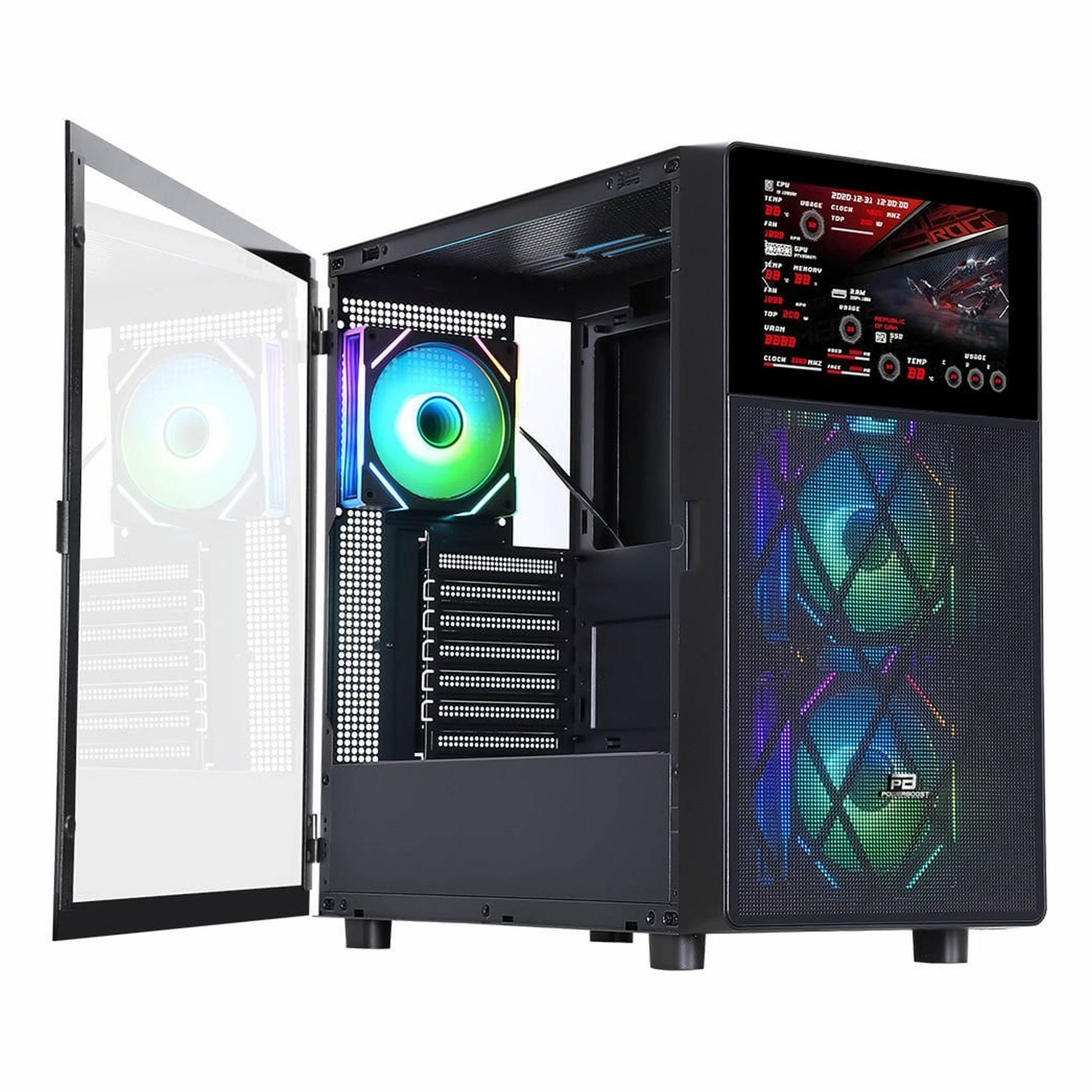 Cam yan panelli, renkli RGB fanlı ve önde küçük bir ekranı olan siyah bilgisayar kasası.