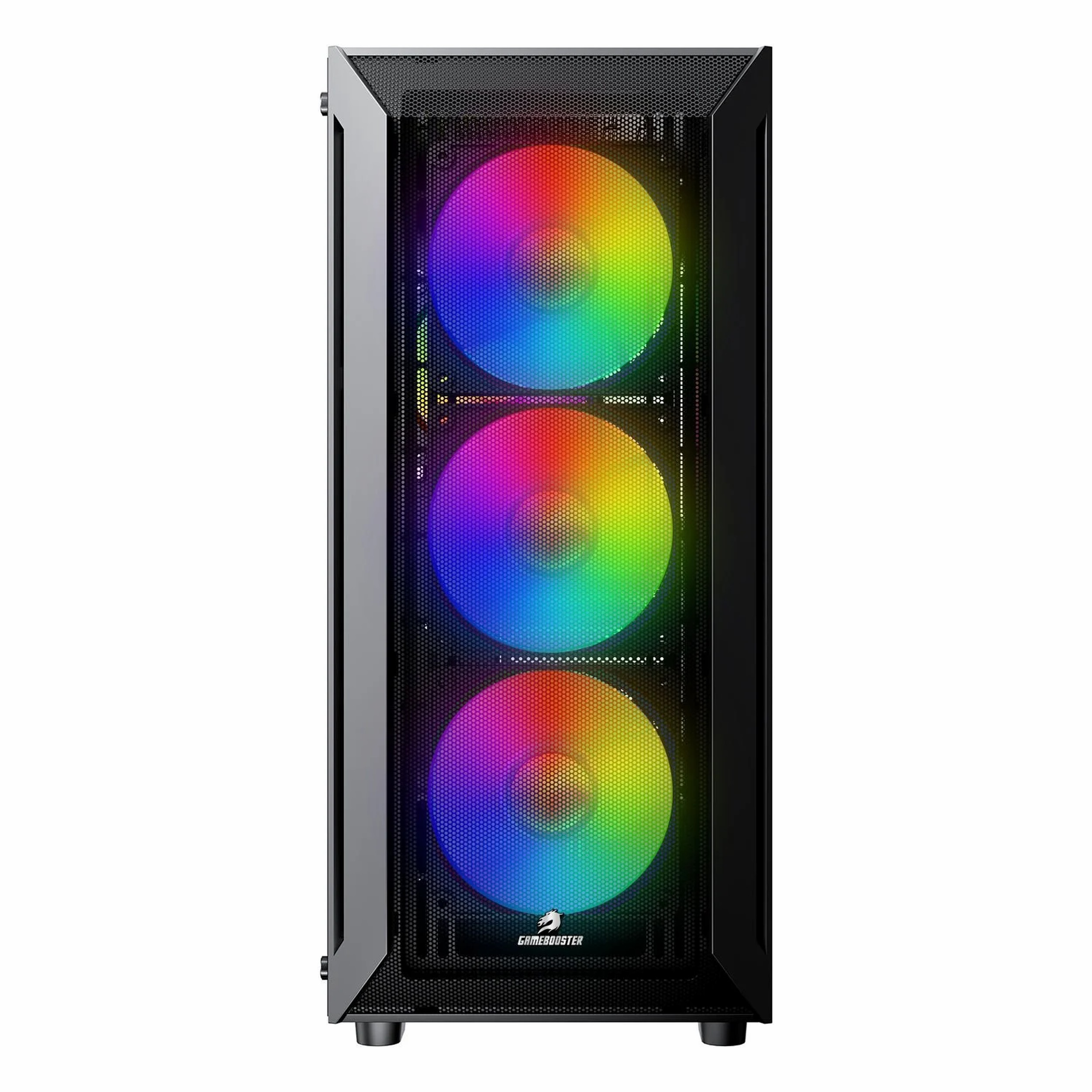 Ön panelinde file bulunan, canlı RGB renklerle aydınlatılmış üç büyük soğutma fanlı siyah oyuncu kasası.