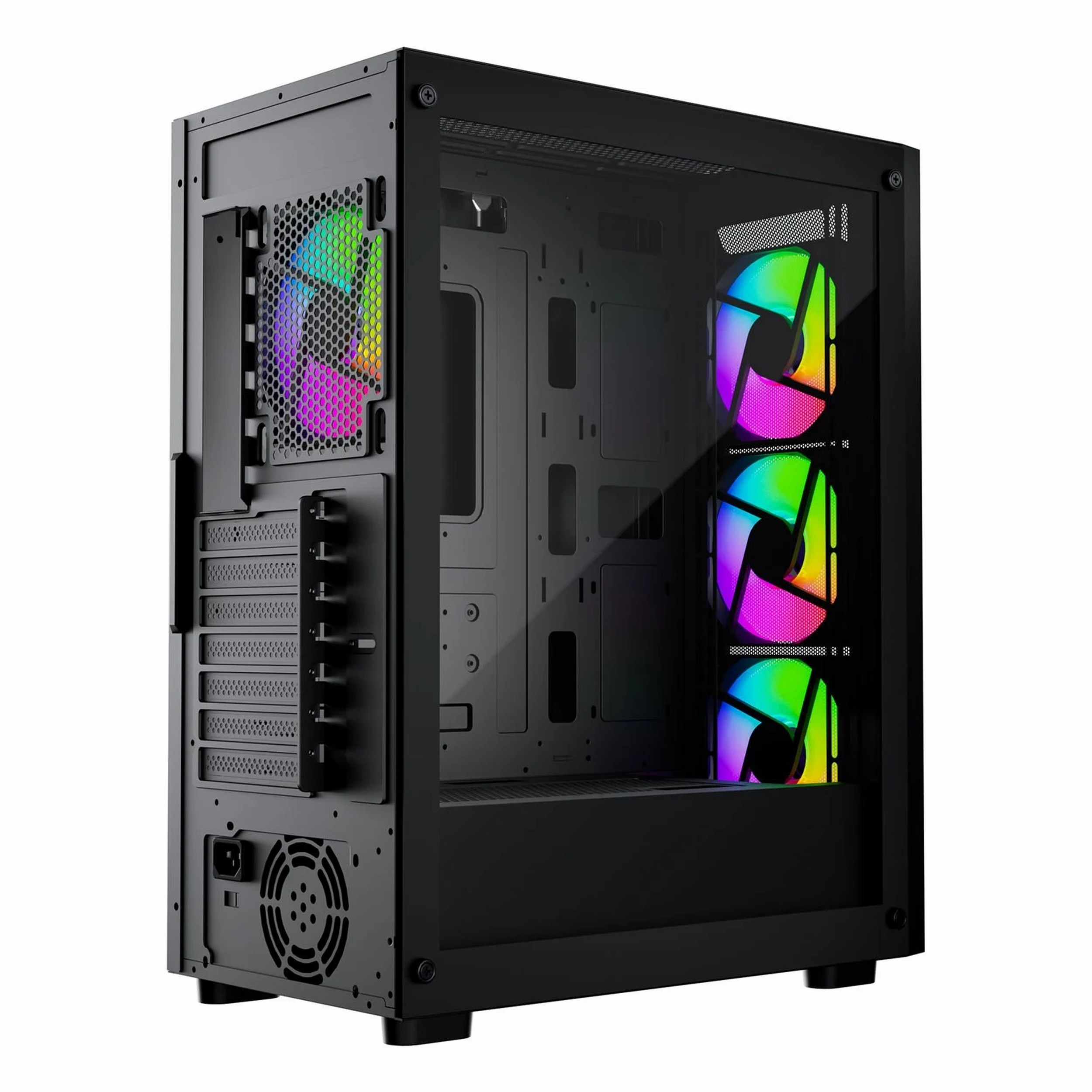 Cam yan panelli ve dört gökkuşağı RGB fanlı siyah bilgisayar kasası.
