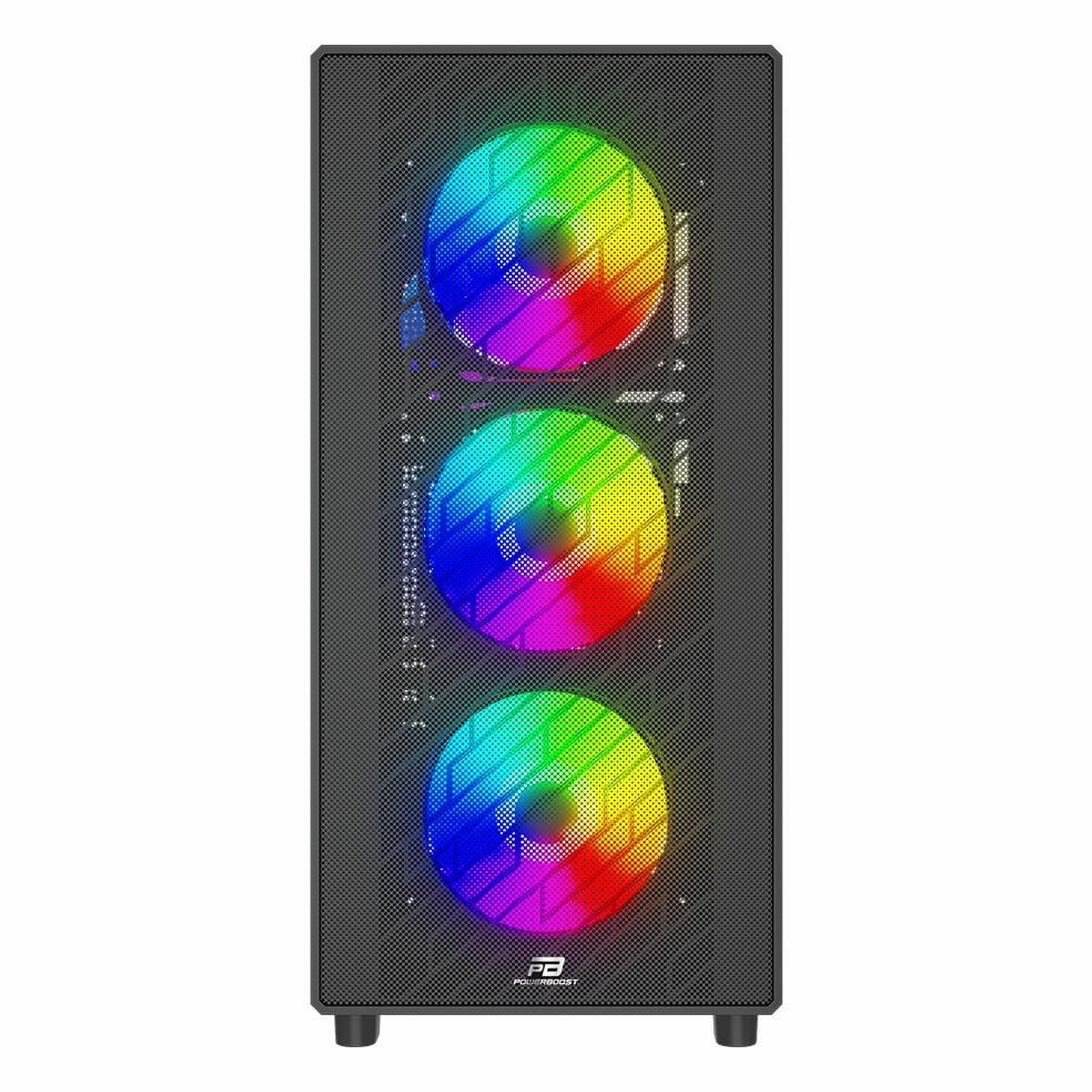 Önü fileli ve üç renkli RGB fanlı siyah bilgisayar kasası.