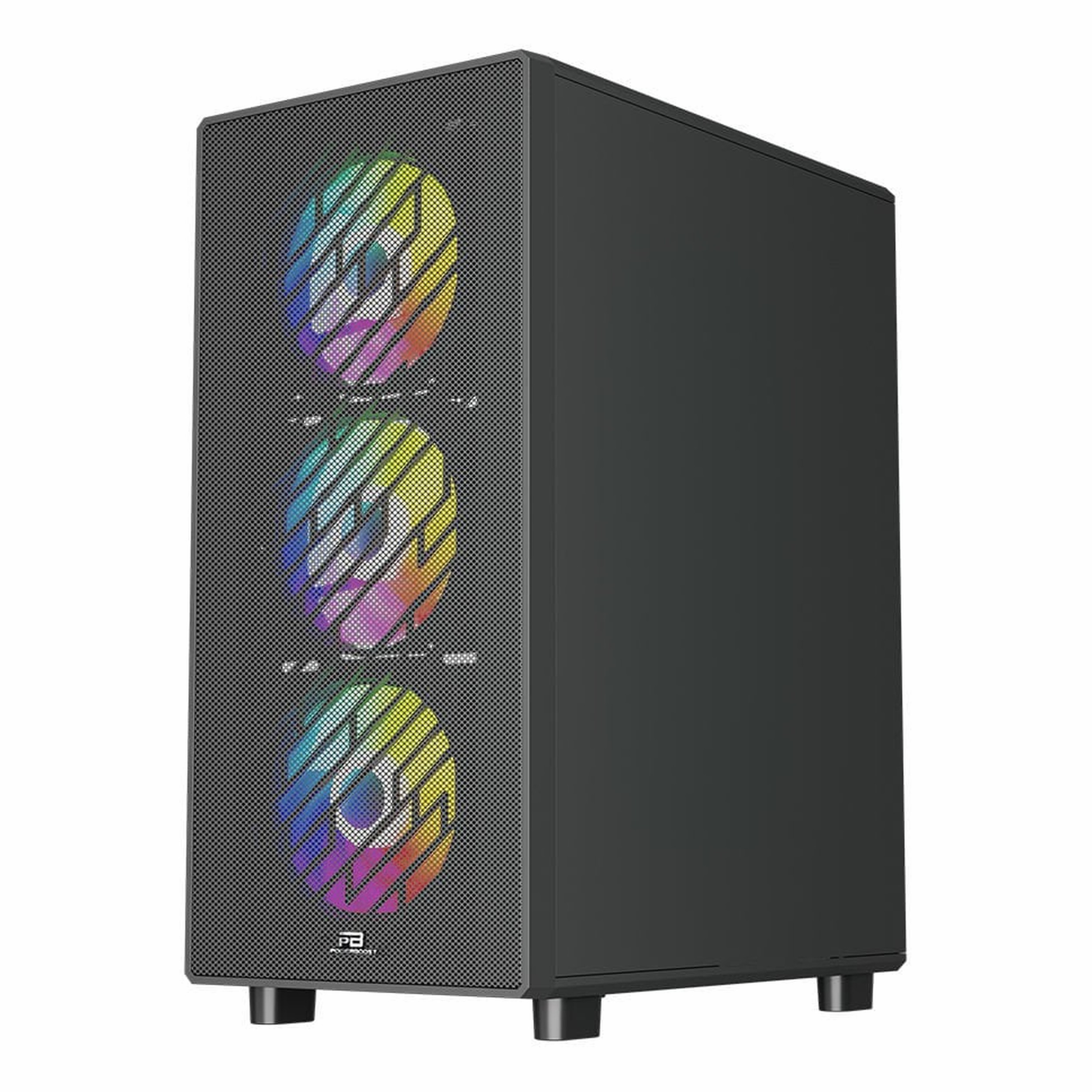 Ön panelinde üç adet RGB fan bulunan ve düz beyaz arka planda duran siyah bilgisayar kasası.