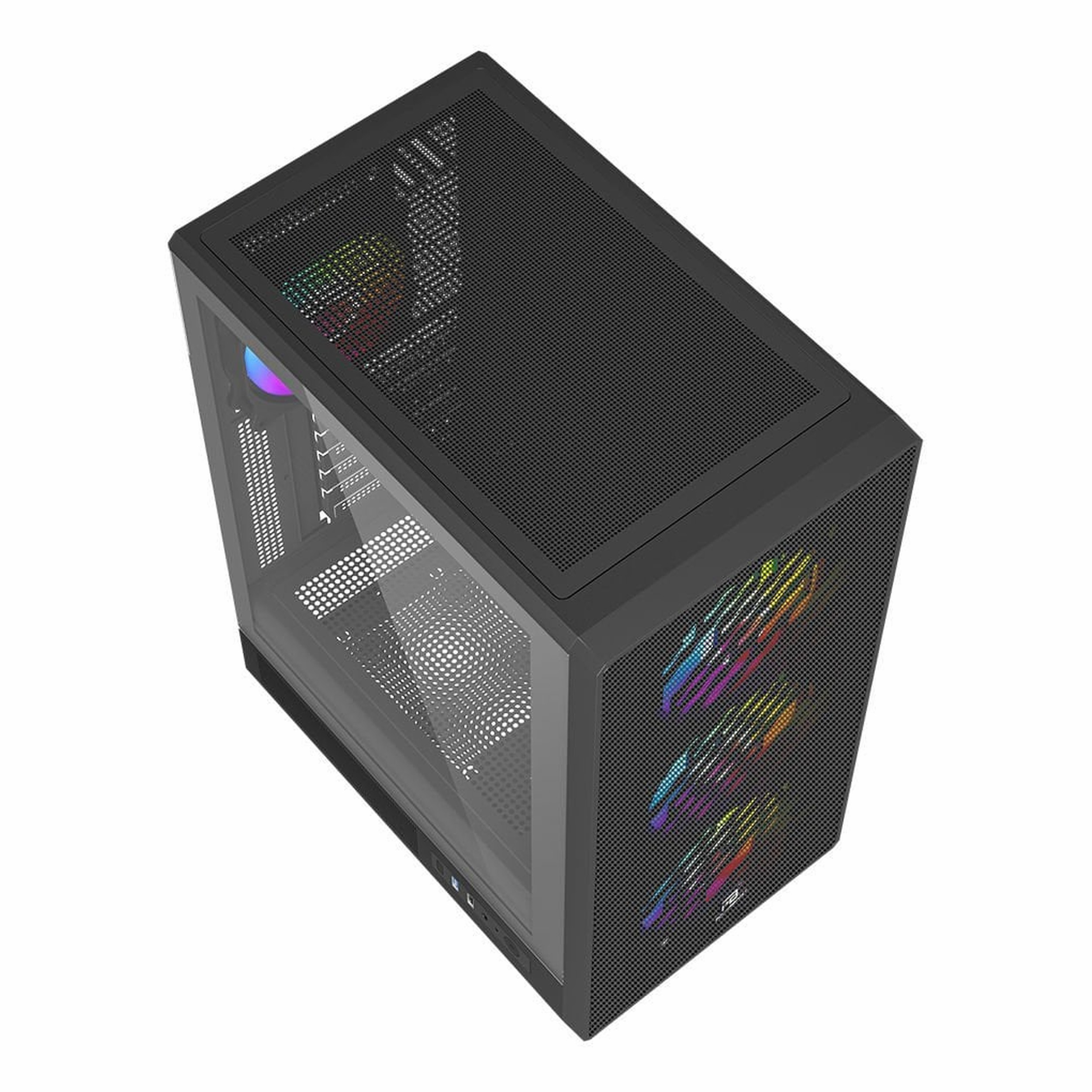 Beyaz arka planda fileli ön panelli, cam yan panelli ve RGB fanlı siyah bilgisayar kasası.