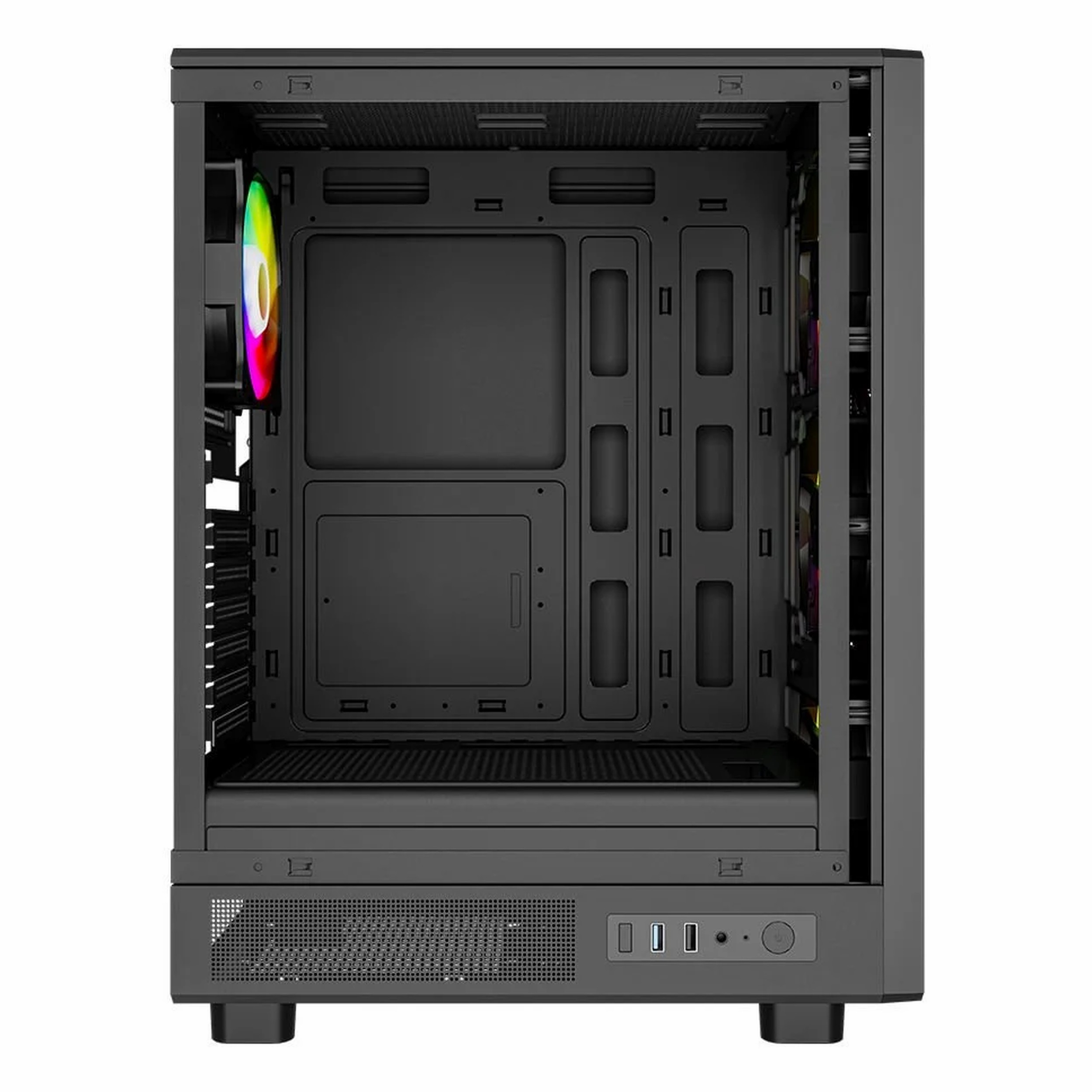 Solda parlayan bir RGB fanı olan siyah bir bilgisayar kasasının iç görünümü.