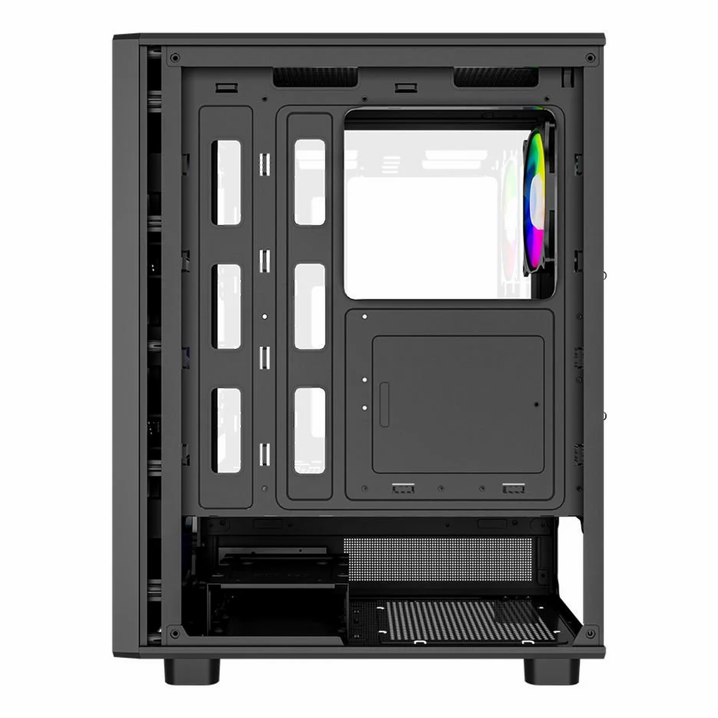 Kablo yönetim delikleri, alt güç kaynağı yuvası ve tek arka RGB fanı olan siyah bir bilgisayar kasasının içi.
