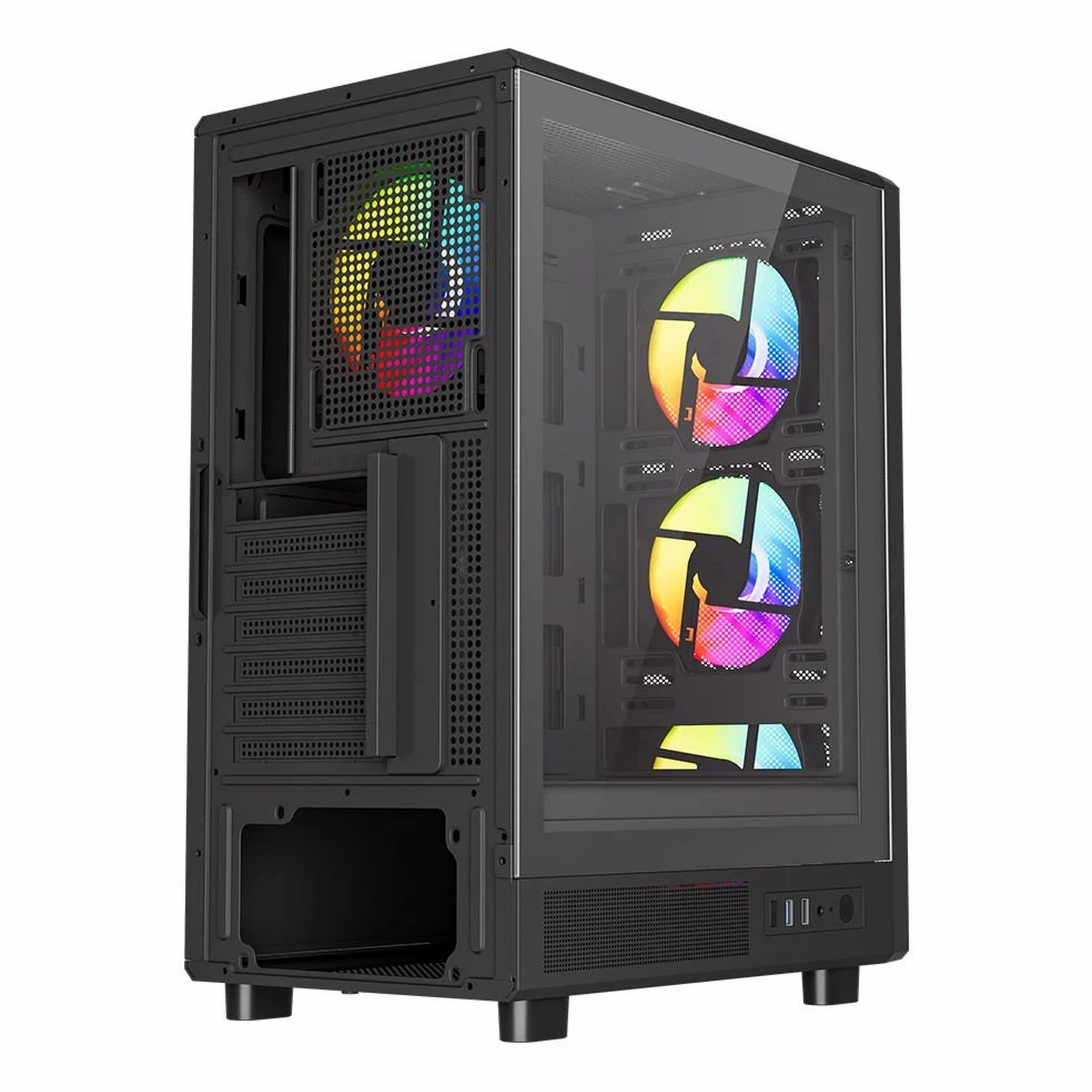Cam yan panelli ve renkli RGB fanli siyah bilgisayar kasasi.