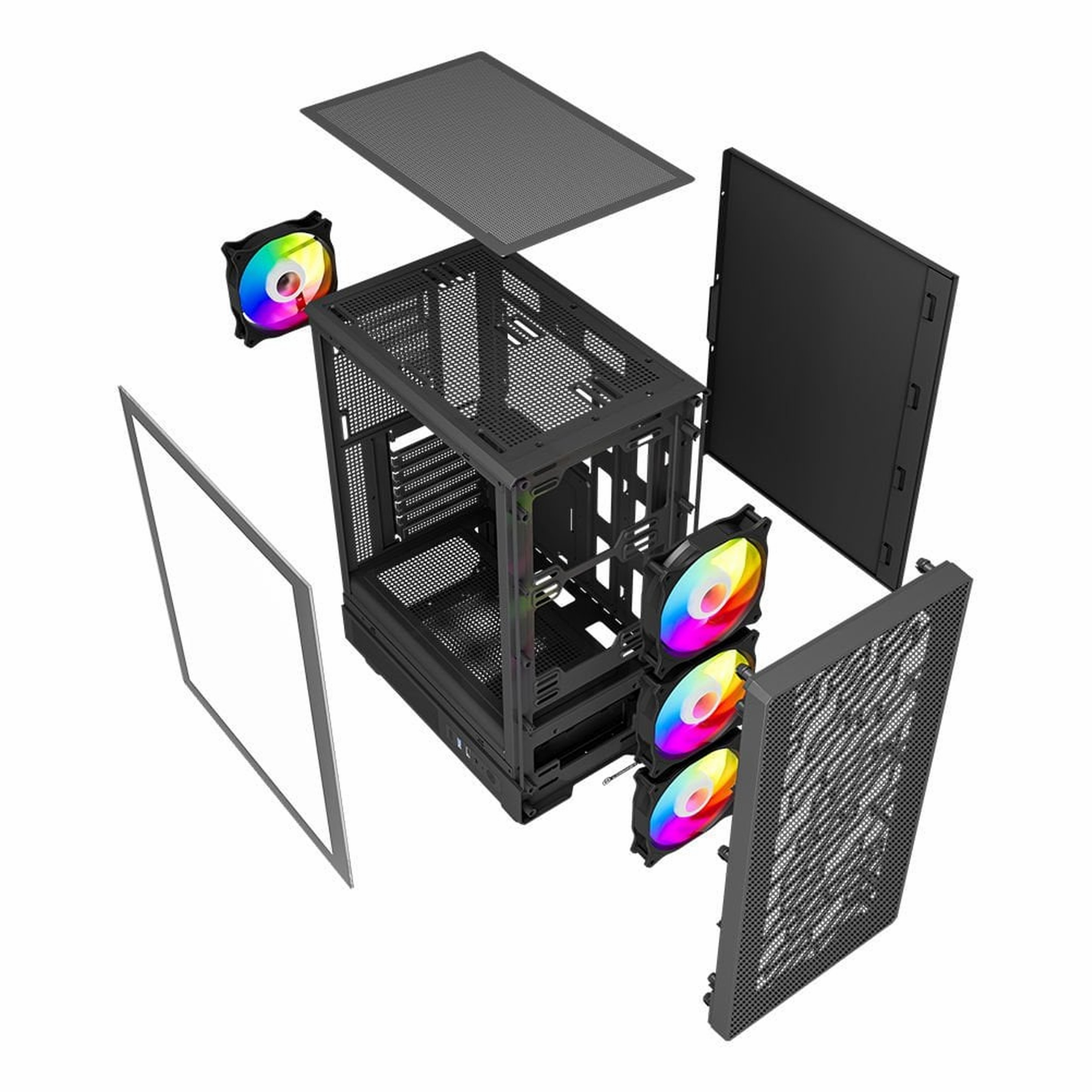 Panellerini, filtrelerini ve RGB fanlarını gösteren siyah bir bilgisayar kasasının patlatılmış görünümü.