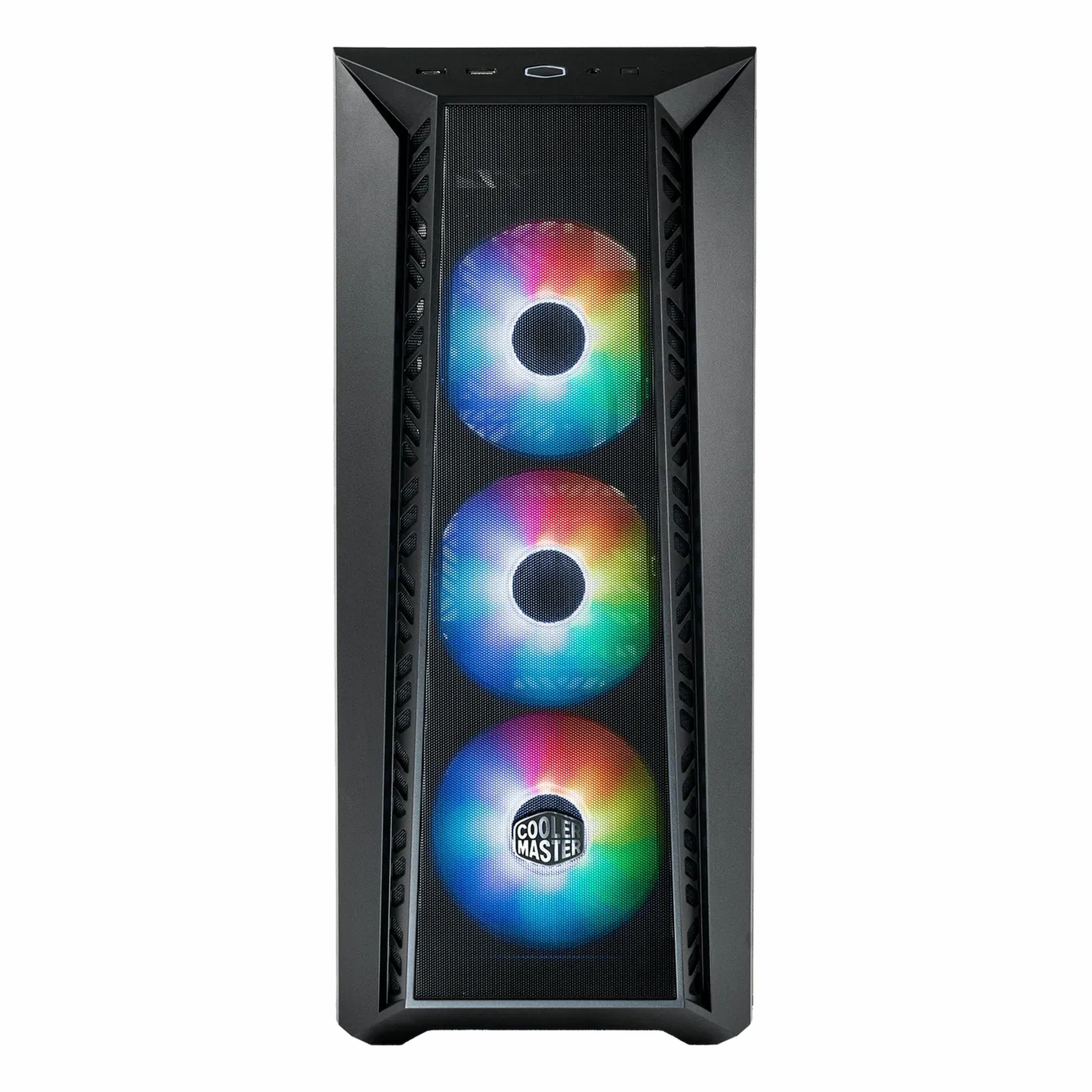 Önü ızgaralı ve üç aydınlatmalı RGB fanlı siyah bilgisayar kasası.