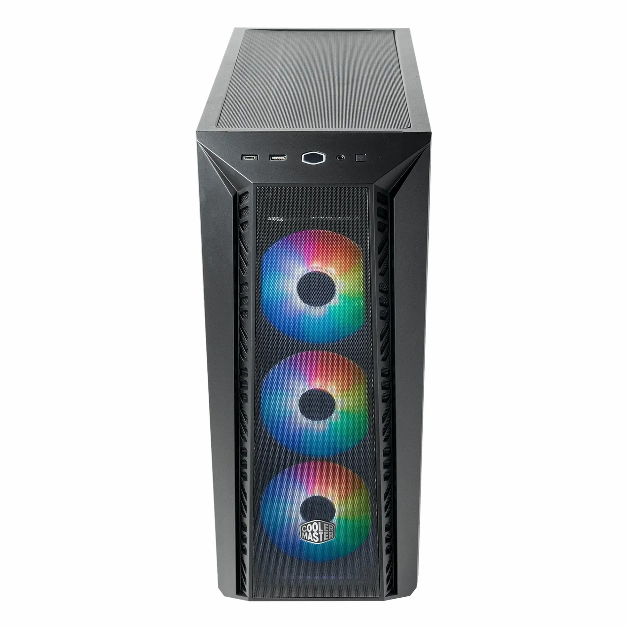 Ön tarafta üç parlayan RGB aydınlatmalı fana sahip siyah Cooler Master bilgisayar kasası.
