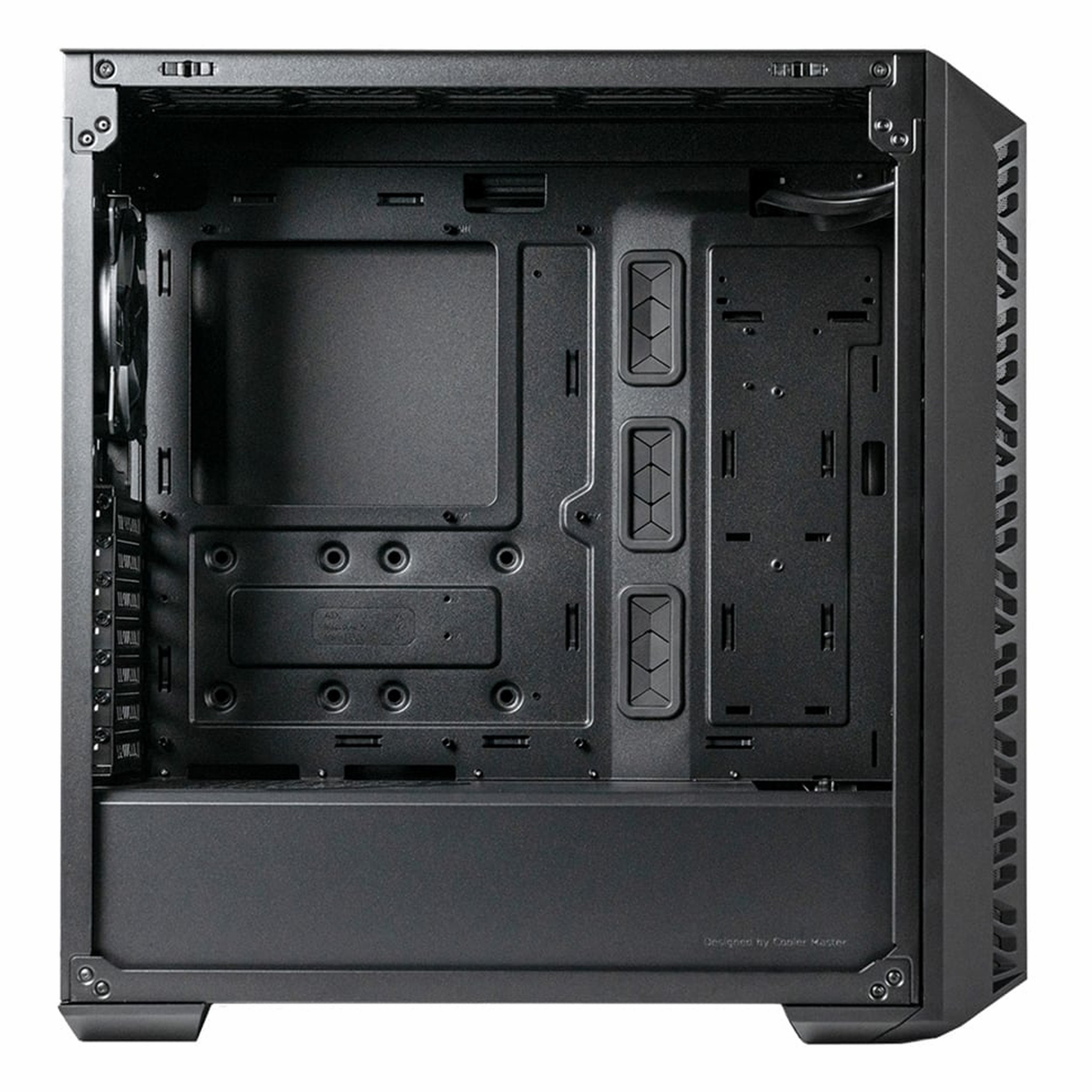 Boş anakart tepsisi ve alt güç kaynağı kapağı olan siyah bir PC kasasının içi.