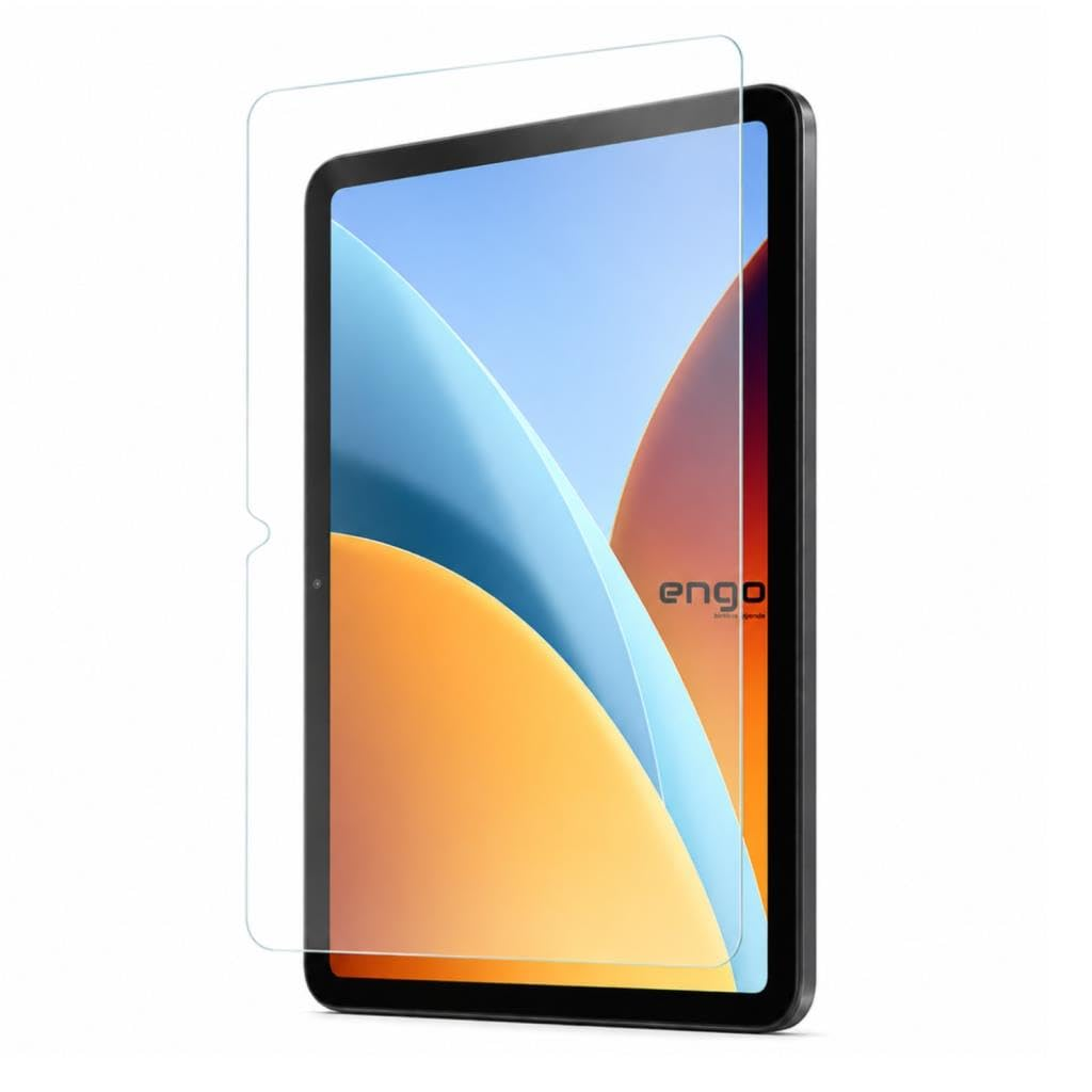 Beyaz bir arka plan üzerinde, önünde hafifçe süzülen şeffaf ekran koruyucu cama sahip bir tablet.