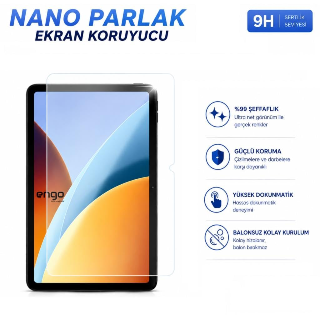 Beyaz arkaplanda şeffaf ekran koruyuculu tablet ve sağda dört adet mavi özellik simgesi.