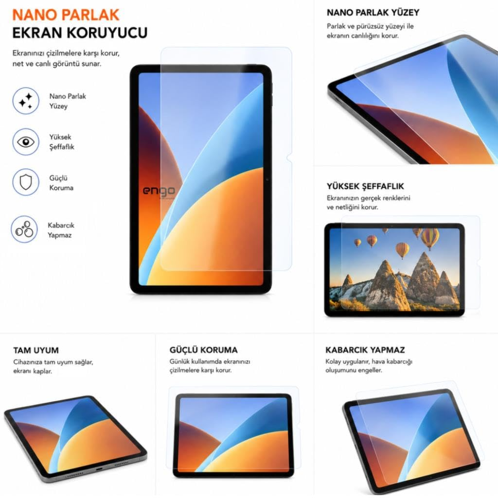 Çeşitli özelliklere sahip tabletler için parlak nano ekran koruyucuyu gösteren ürün infografiği.