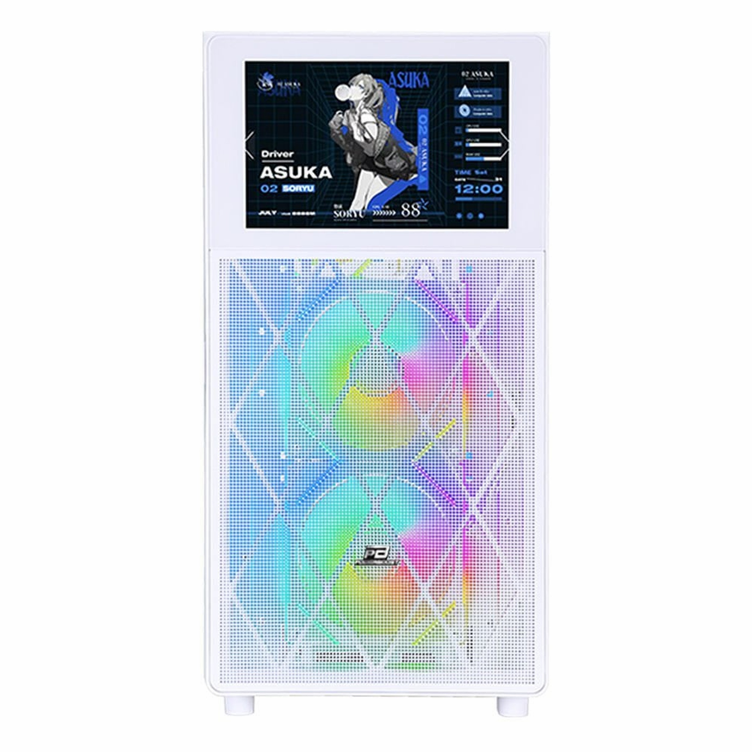 Ustunde anime ekran ve onunde renkli RGB fanlari olan ag panelli beyaz bir bilgisayar kasasi.