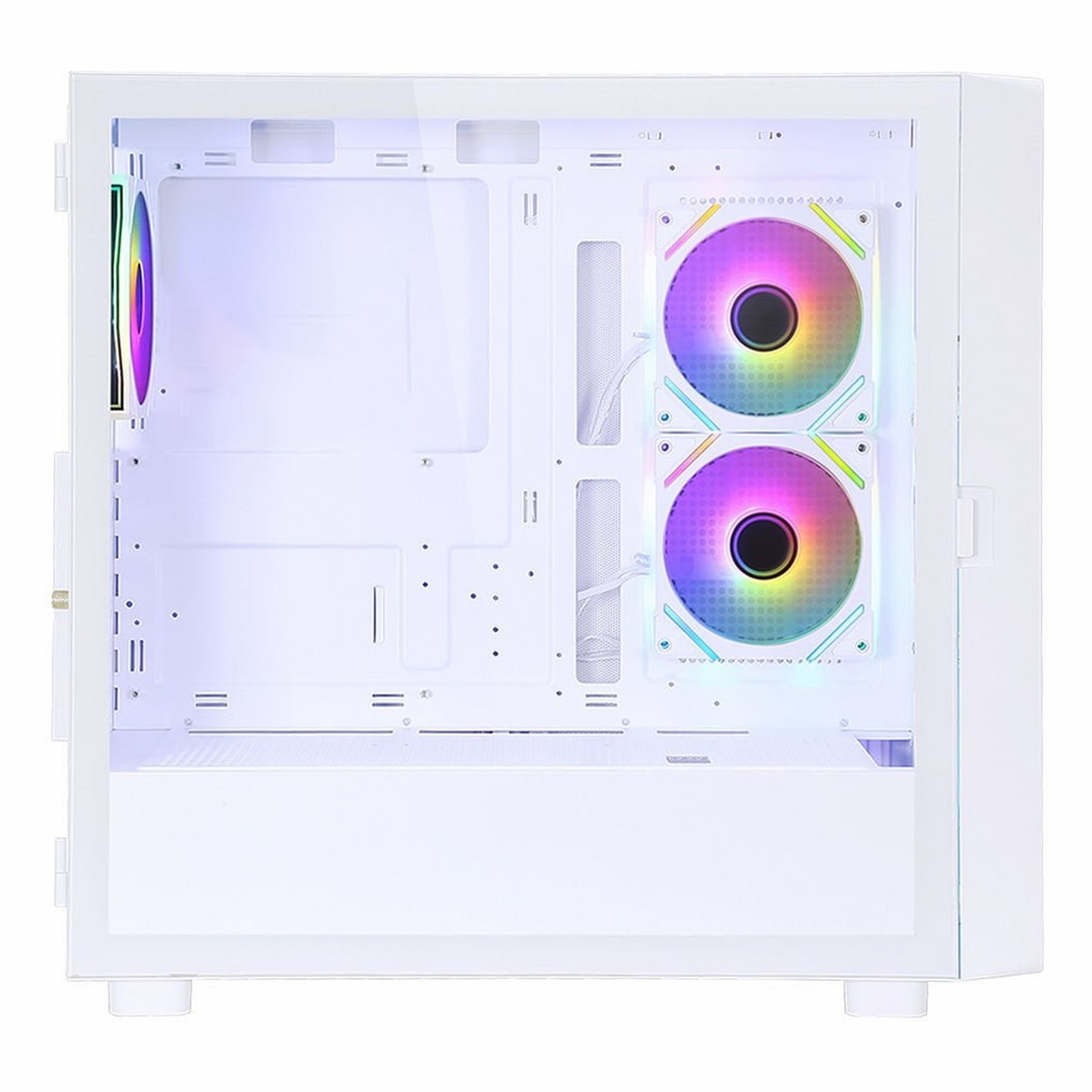 Sağ tarafında iki adet renkli yanan RGB fan bulunan beyaz bir bilgisayar kasası.