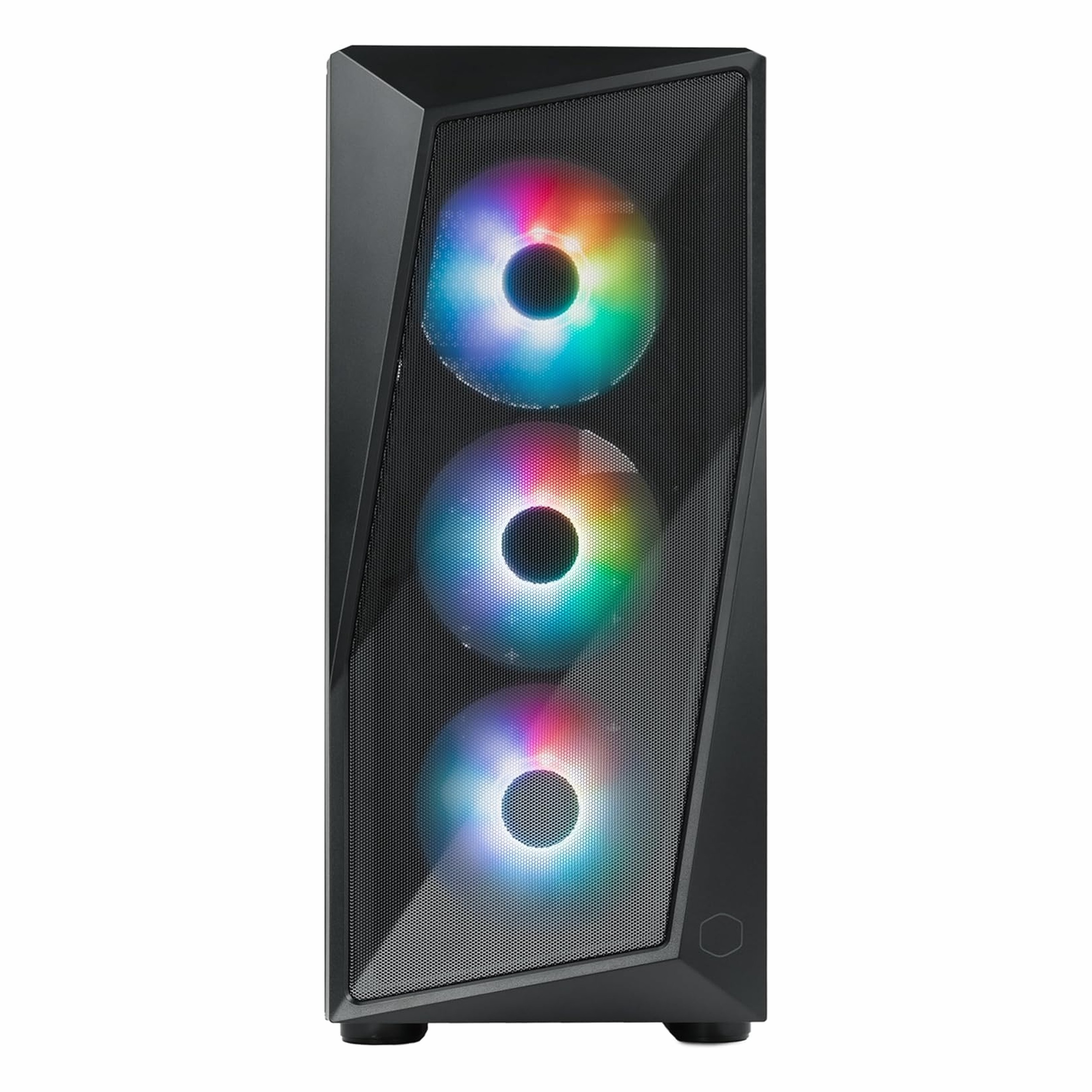 Önü fileli ve üç renkli RGB fanlı siyah bilgisayar kasası.