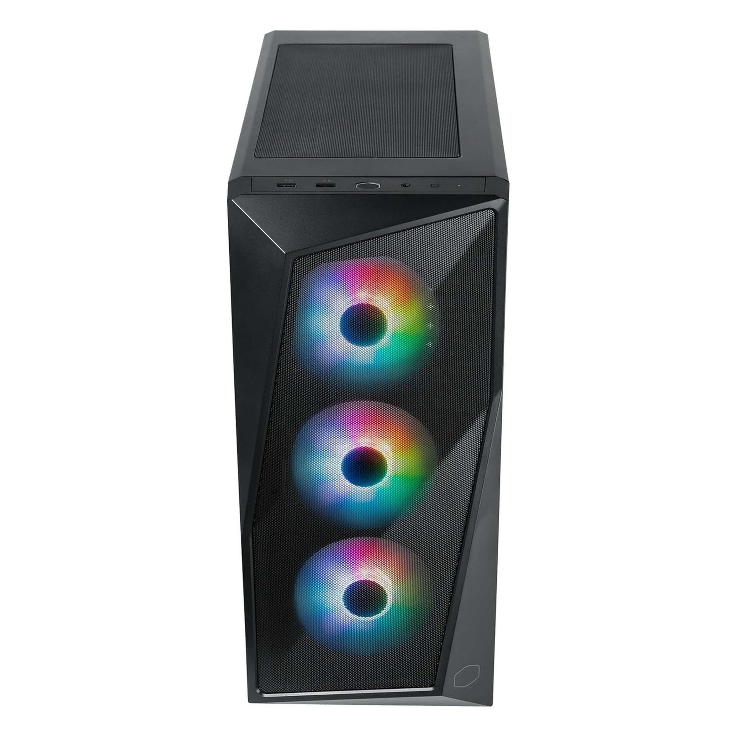 Üç aydınlatmalı RGB fanlı ve mesh ön panelli siyah PC kasasının önden görünümü.