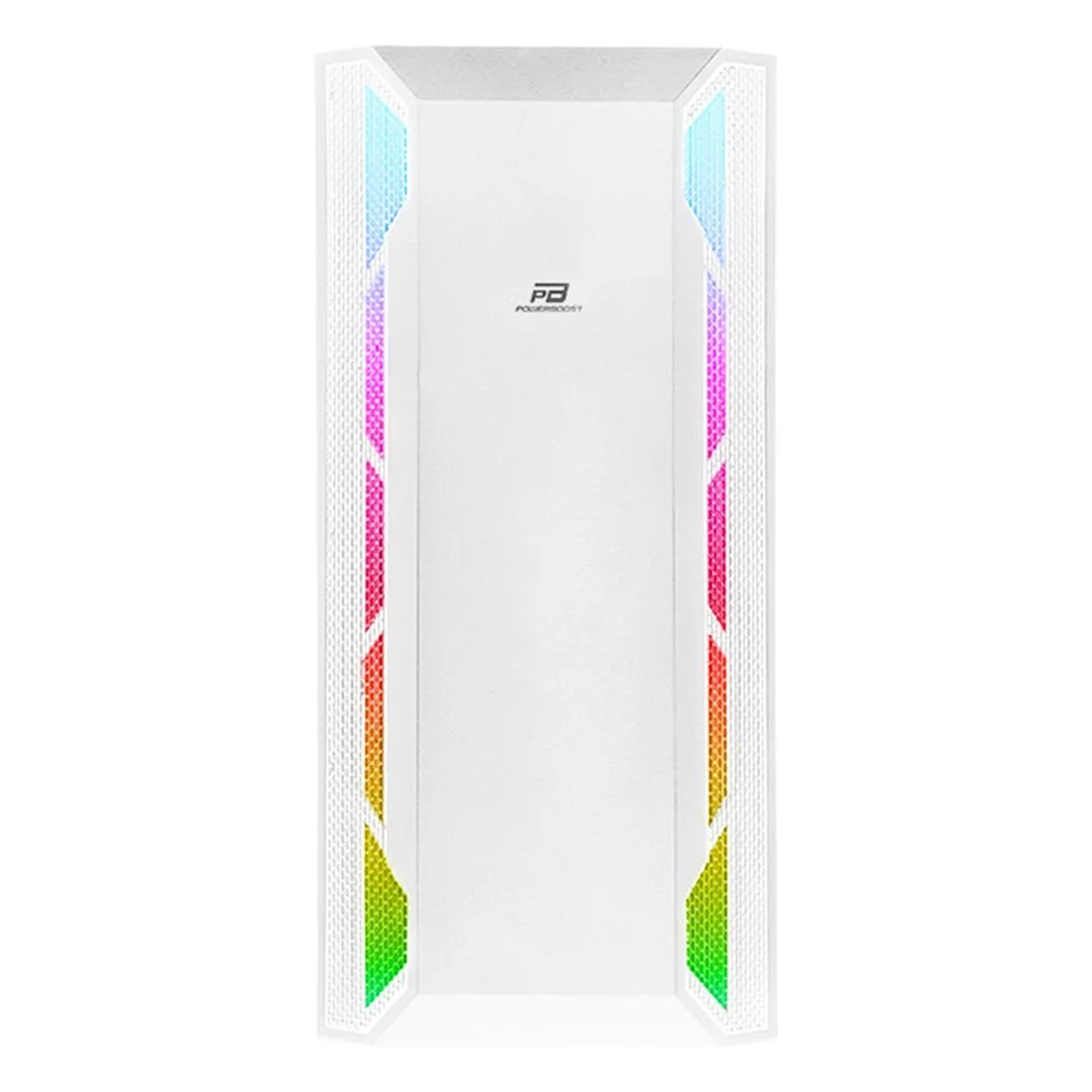Dikey RGB ışık şeritlerine ve bir marka logosuna sahip beyaz bir PC kasasının ön görünümü.