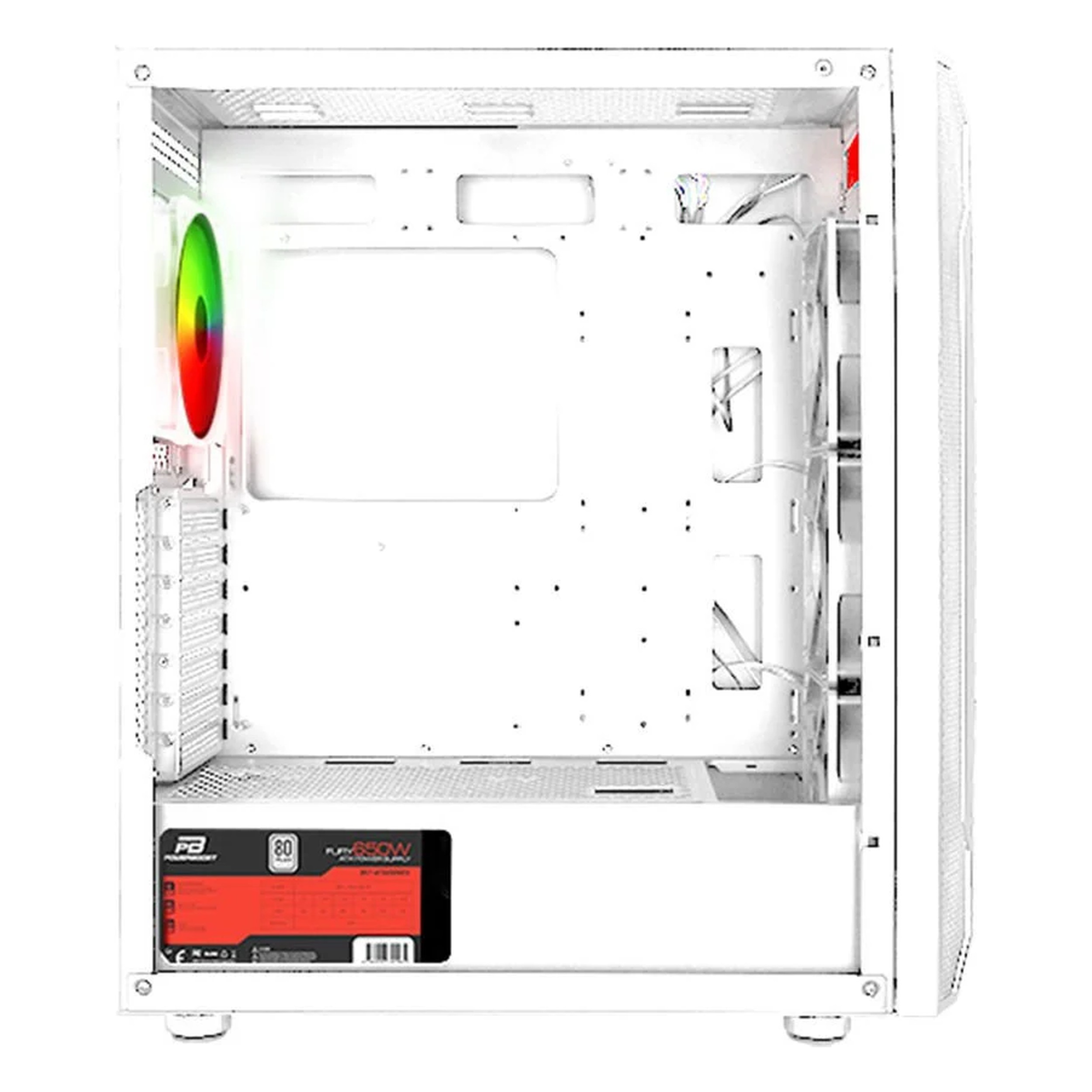 Arkada RGB fanı ve altta güç kaynağı olan boş beyaz bir PC kasası.