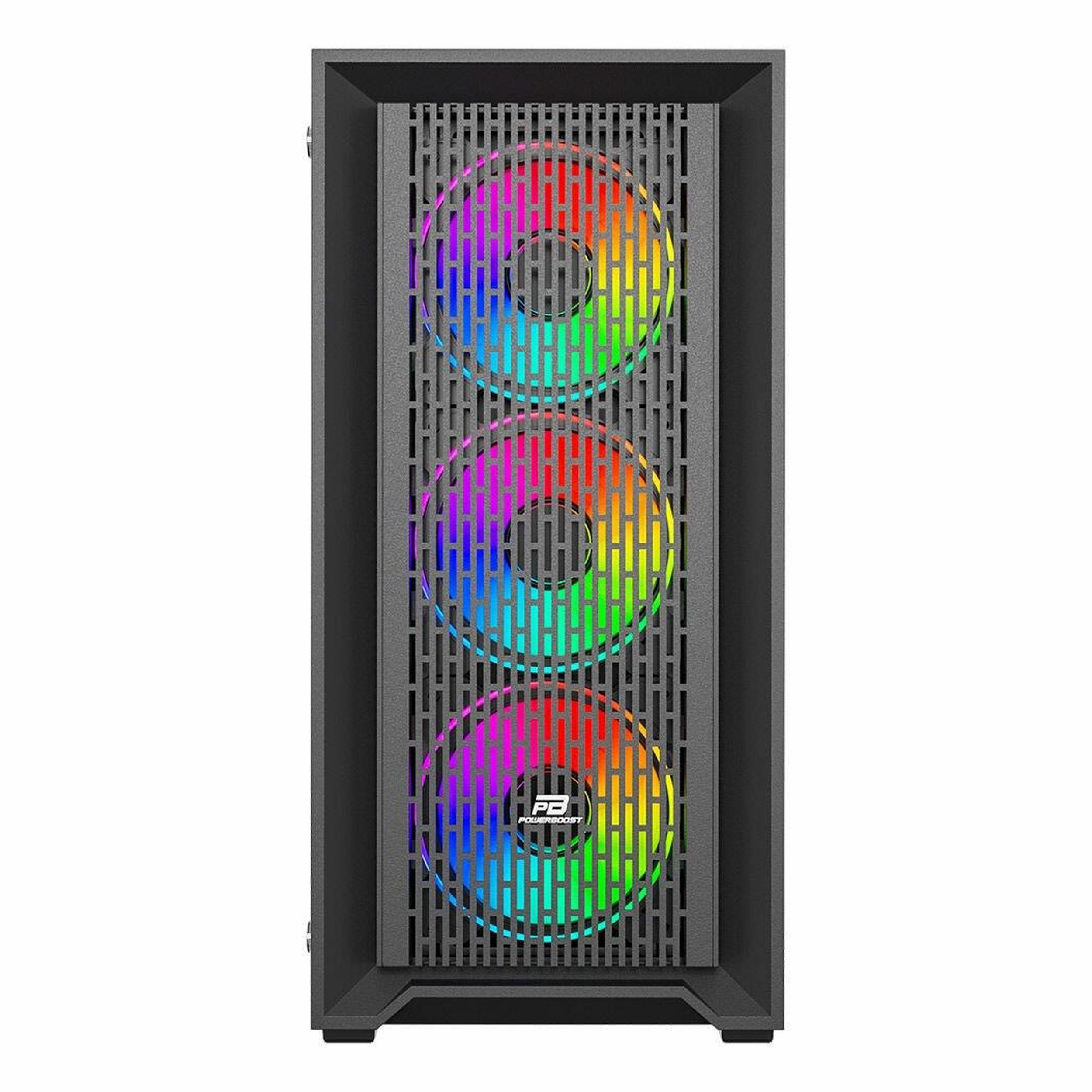 Ön paneli ızgaralı ve üç renkli RGB fanlı siyah bilgisayar kasası.