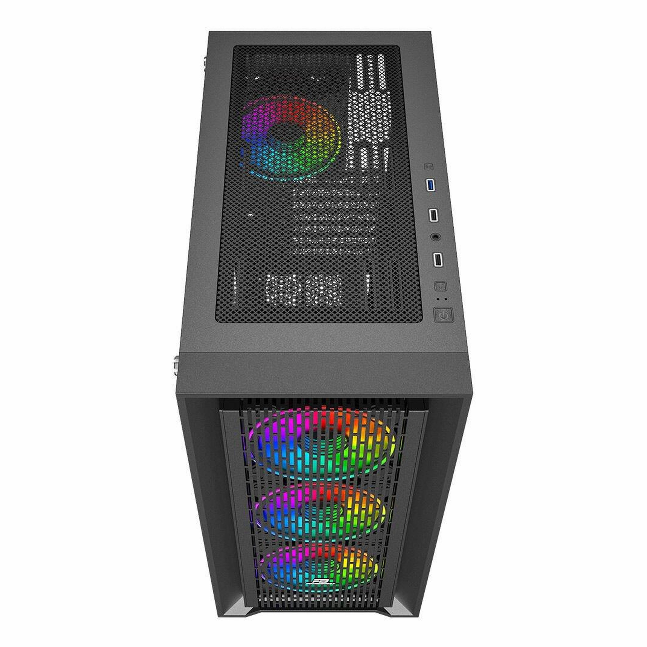Ön paneli ızgaralı ve renkli RGB fanlı siyah bilgisayar kasası.