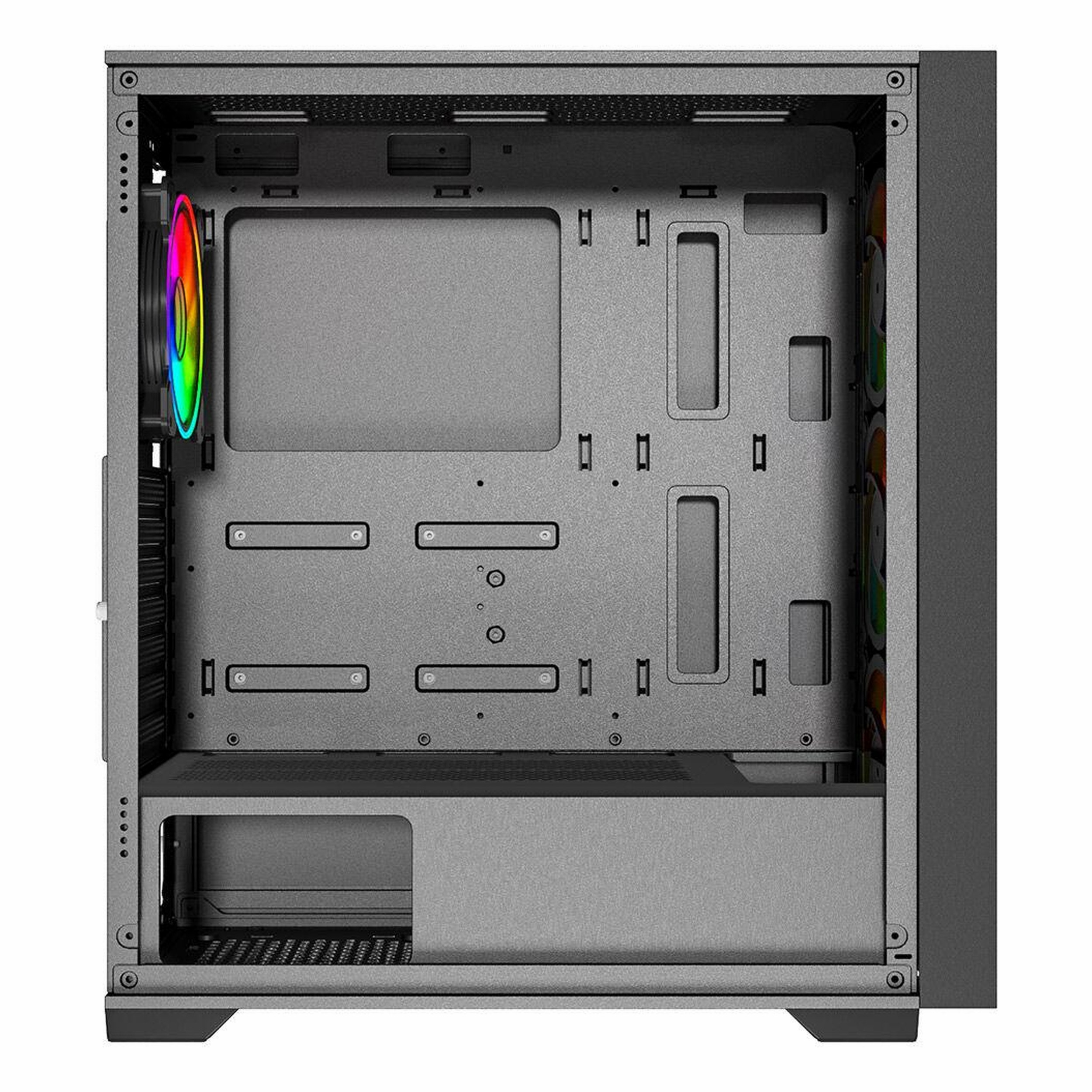 Arkada RGB fanlı ve açık düzenli gri bir bilgisayar kasasının içi.