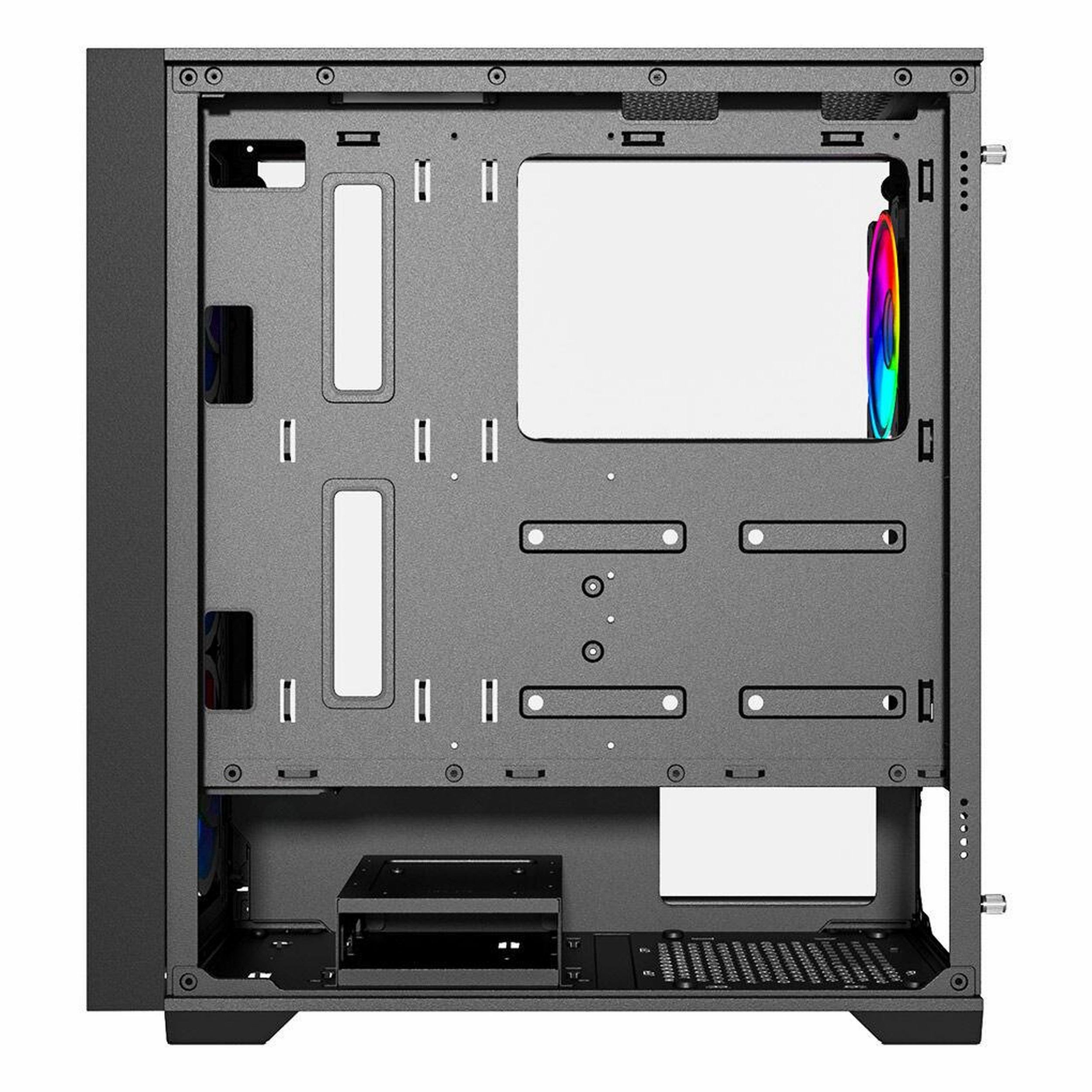 İçi açık, kablo geçiş delikleri olan ve yan tarafında renkli RGB fan bulunan gri bir bilgisayar kasası.