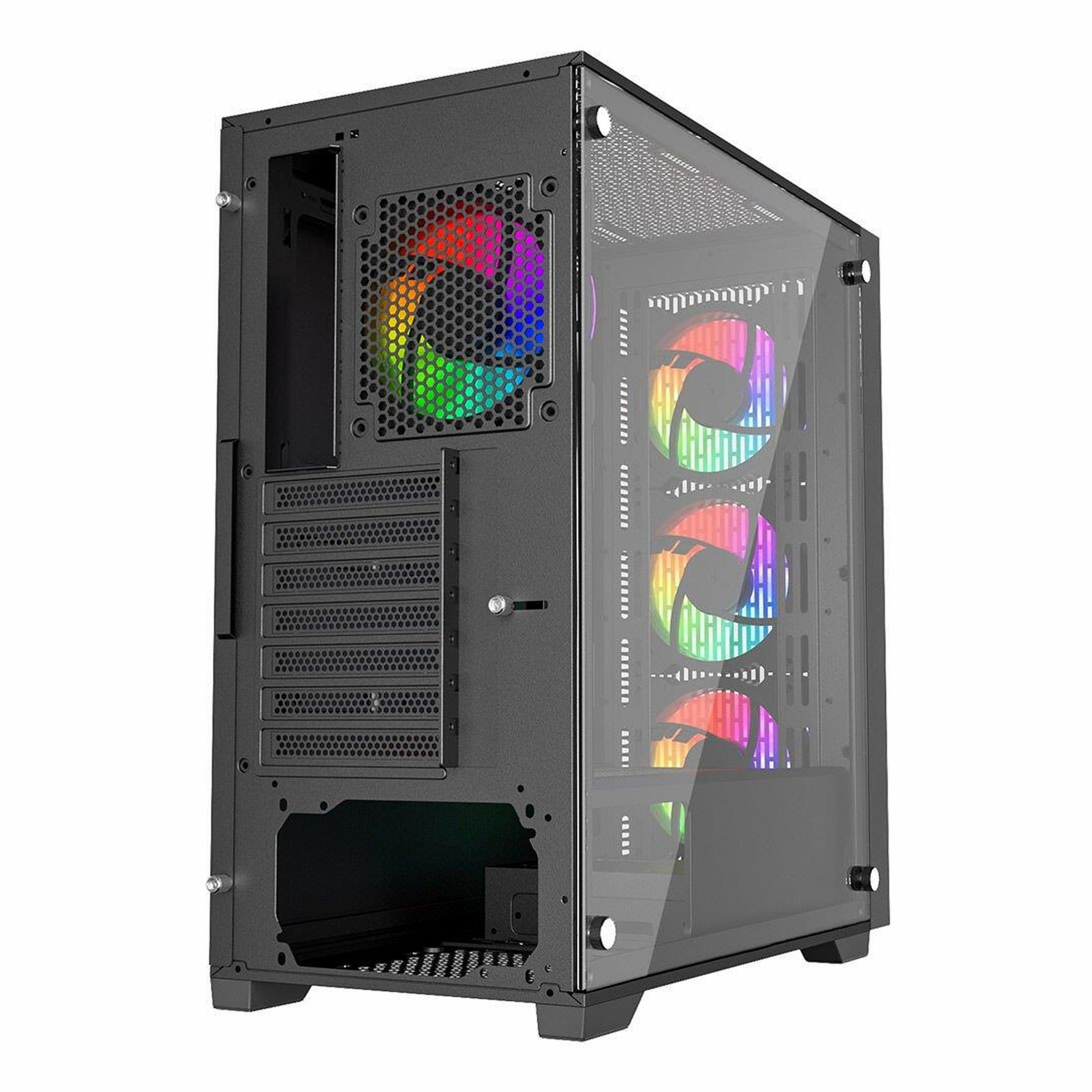 Cam yan panelli ve dört renkli RGB fanlı siyah bilgisayar kasası.