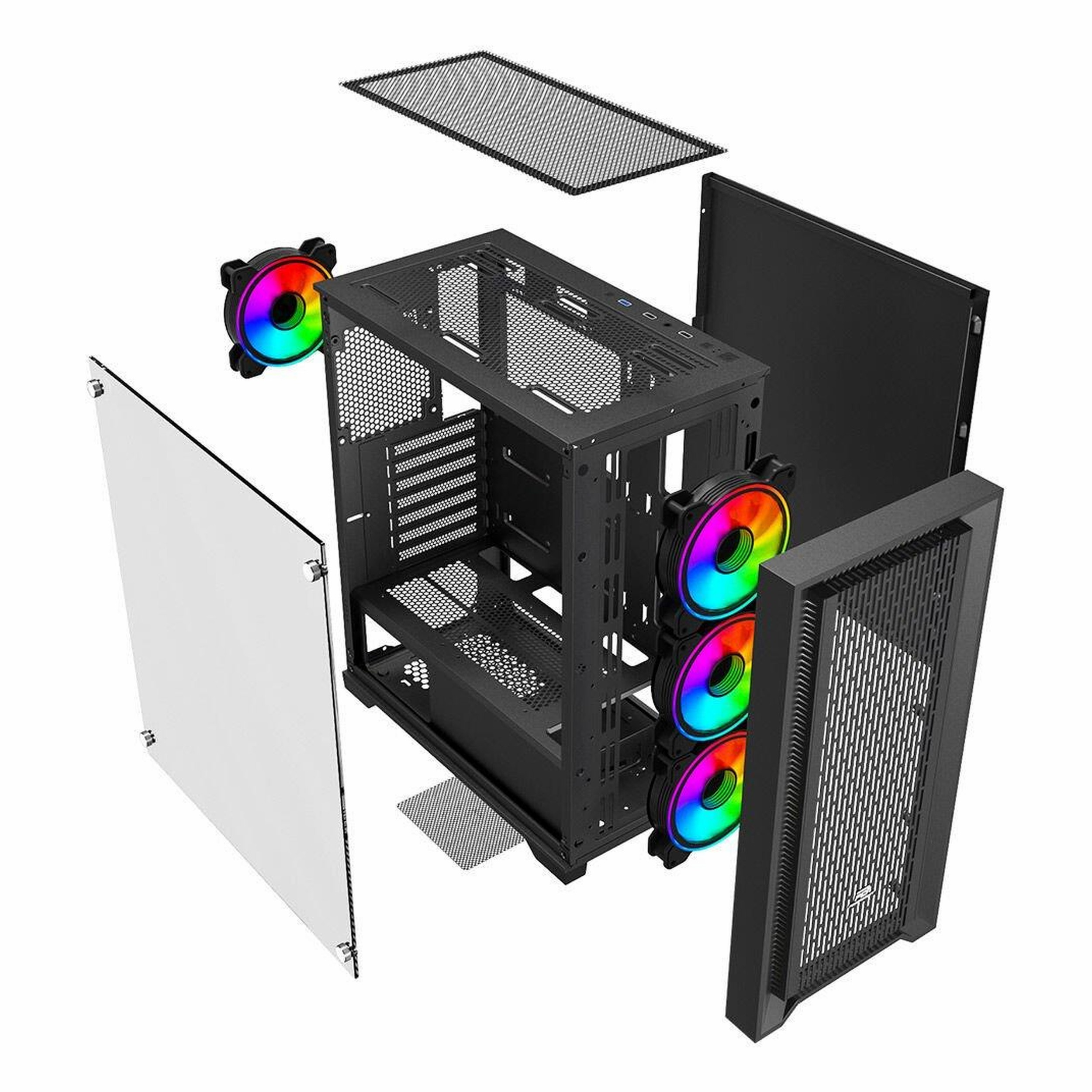 RGB fanlara ve cam yan panele sahip siyah bir PC kasasının patlatılmış görünümü.
