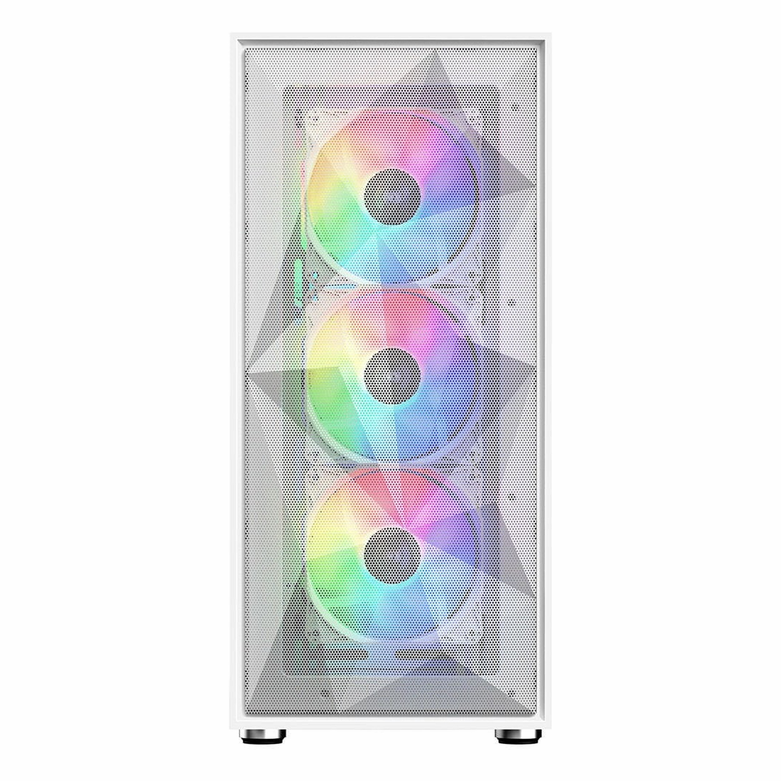 Birkaç renkli RGB fanın bulunduğu, ızgaralı ön panele sahip beyaz bir bilgisayar kasası.
