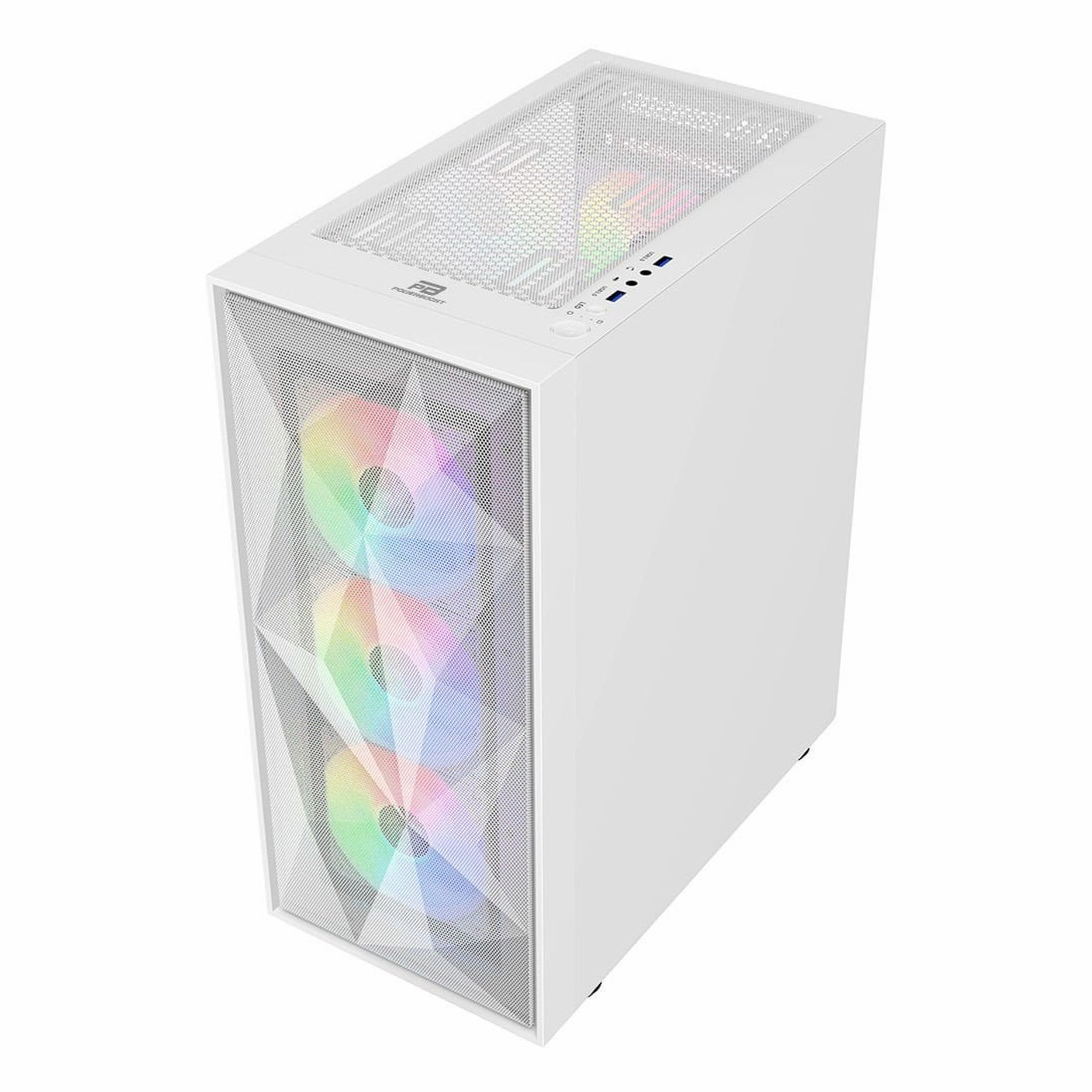 Önünde RGB fanlar ve örgü paneller olan beyaz bilgisayar kasası.