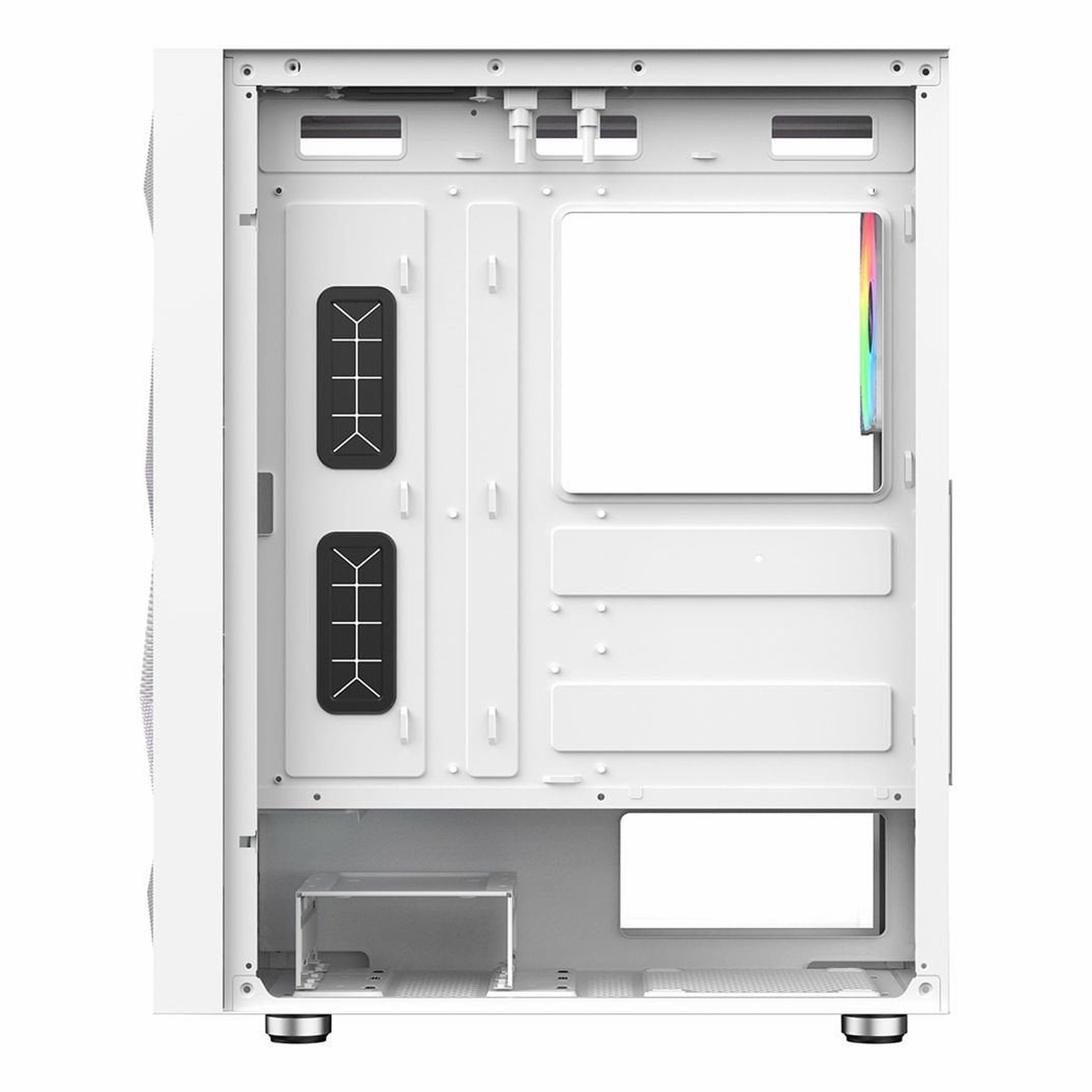 Kablo yönetim delikleri ve güç kaynağı bölmesine sahip beyaz bir PC kasasının içi.