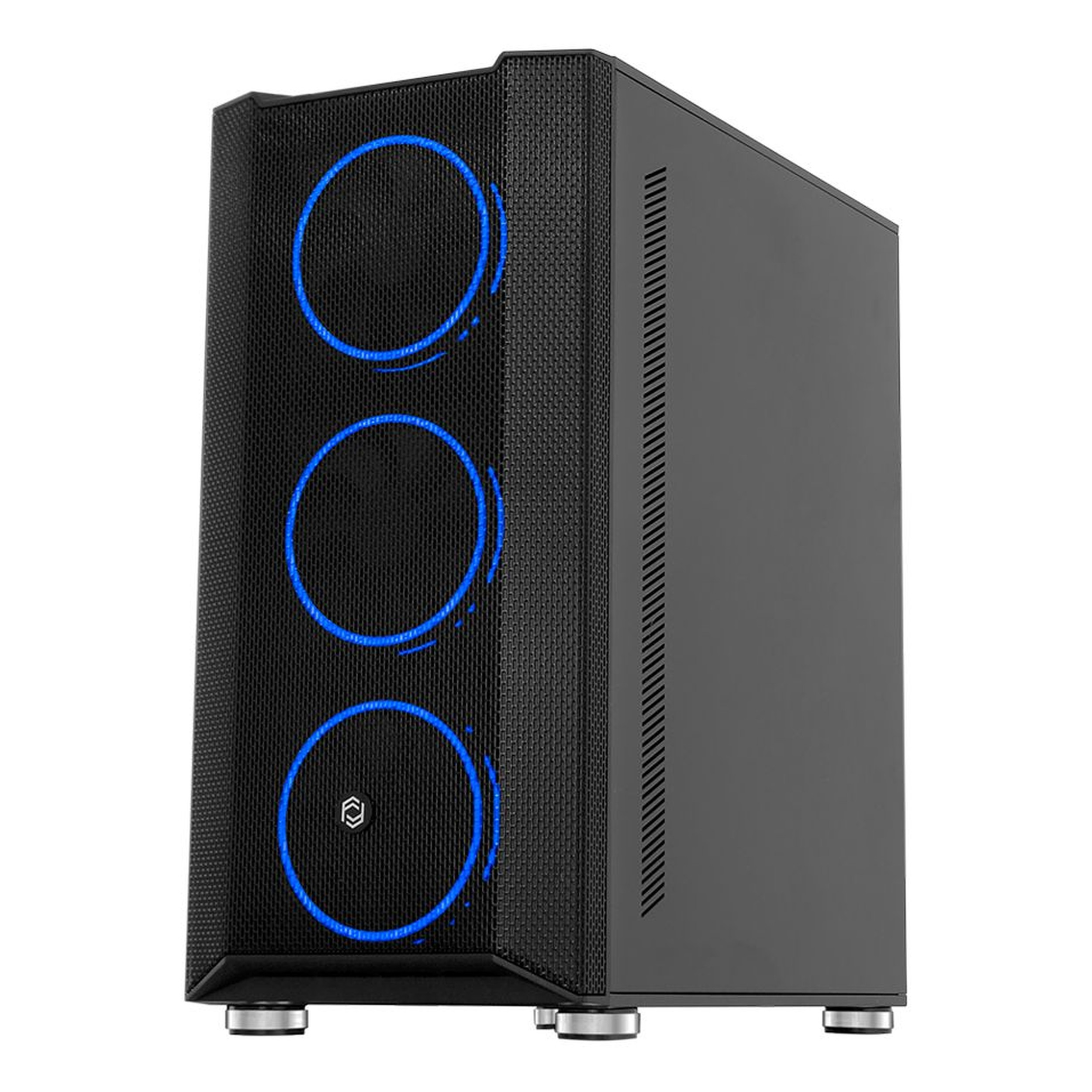 Önü fileli, üç parlayan mavi halka fanlı ve gümüş ayaklı siyah PC kasası.