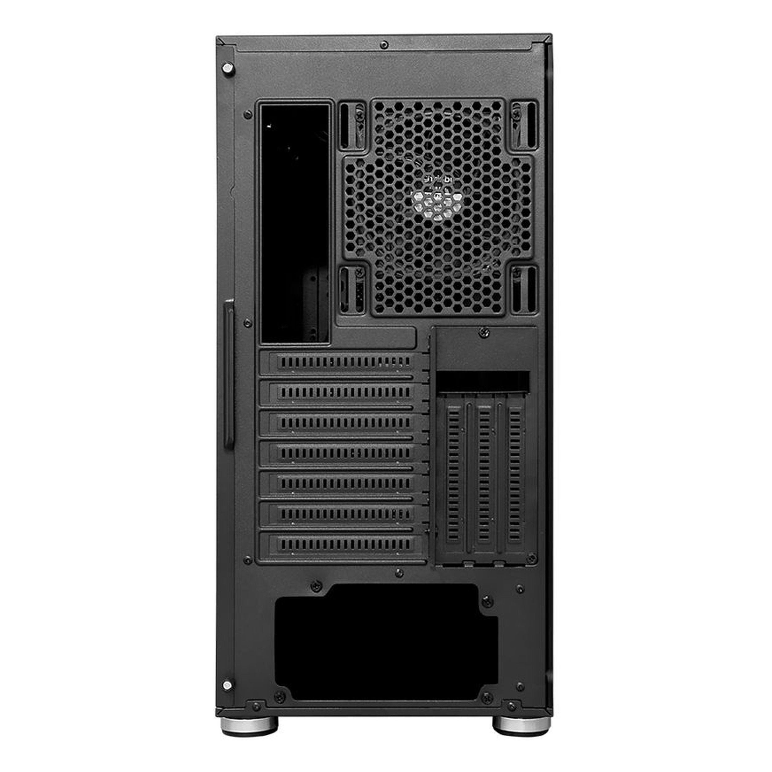 Havalandırma ızgarası, I/O kesiği ve genişleme yuvaları olan siyah bir PC kasasının arka görünümü.