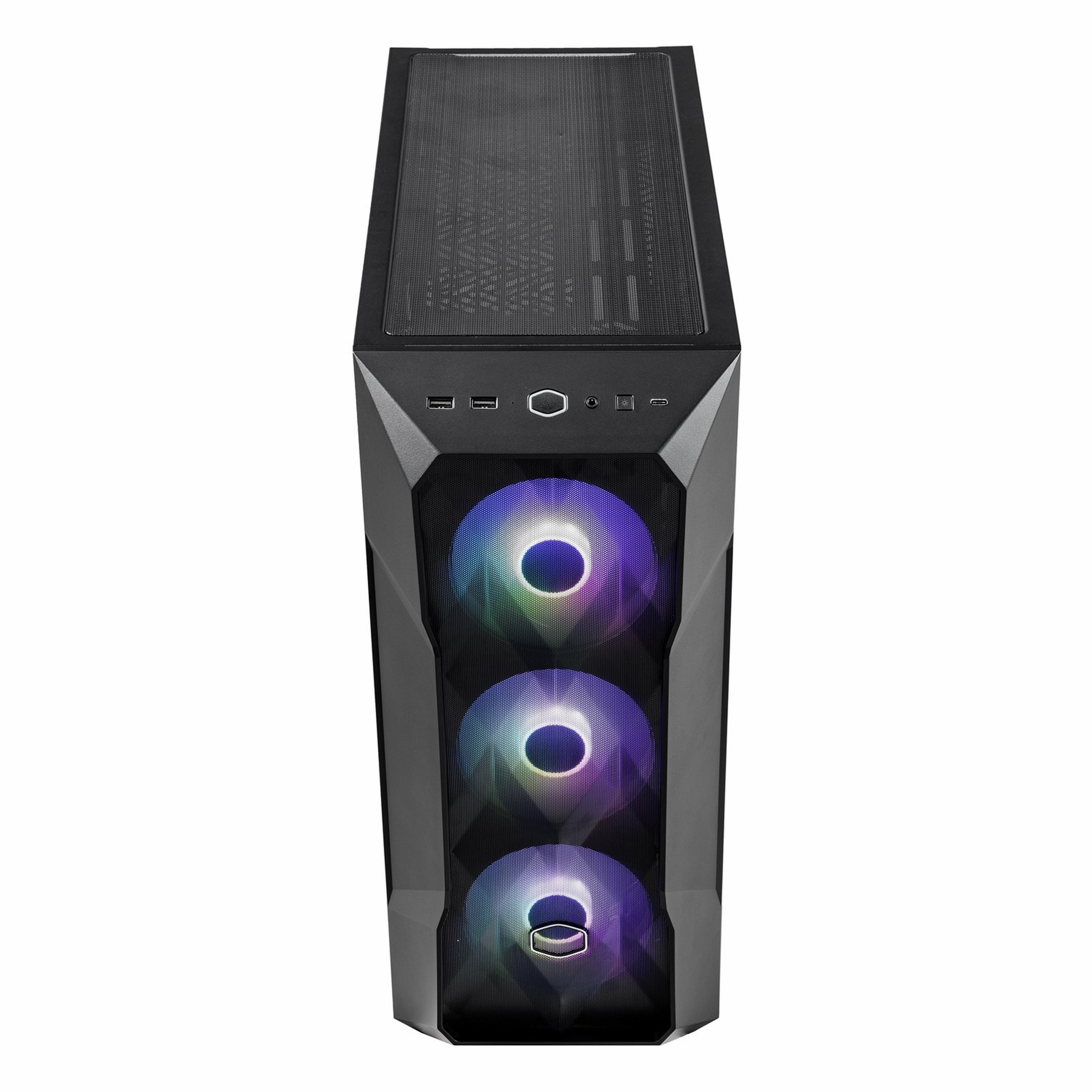 Ön panelinde örgü detay ve üç adet ışıklı RGB fan bulunan siyah PC kasası.