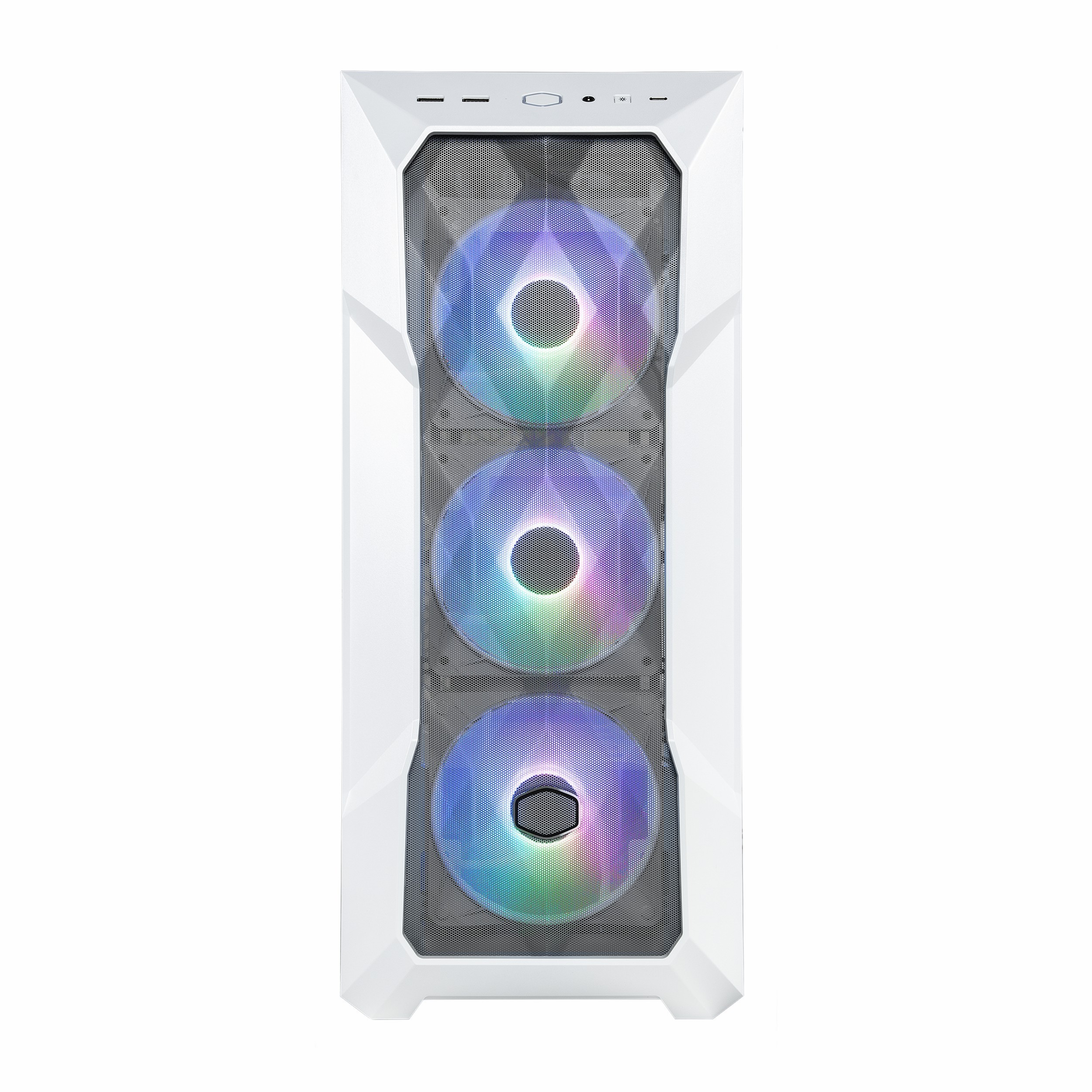 Beyaz arka plan üzerinde üç aydınlatmalı RGB fanlı ve örgü ön panelli beyaz bir bilgisayar kasası.