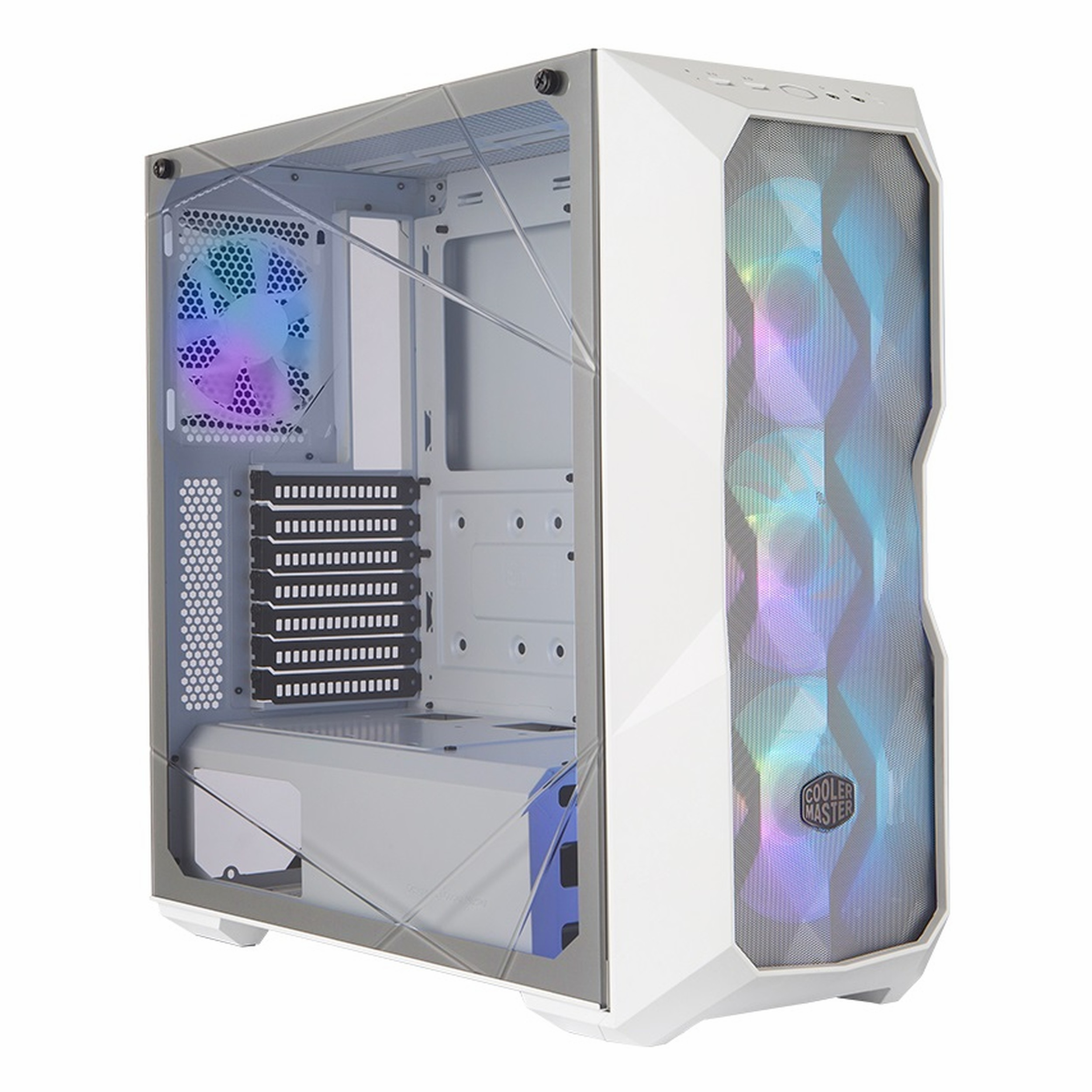 Cam yan panelli ve ışıklı RGB fanlı beyaz bilgisayar kasası.